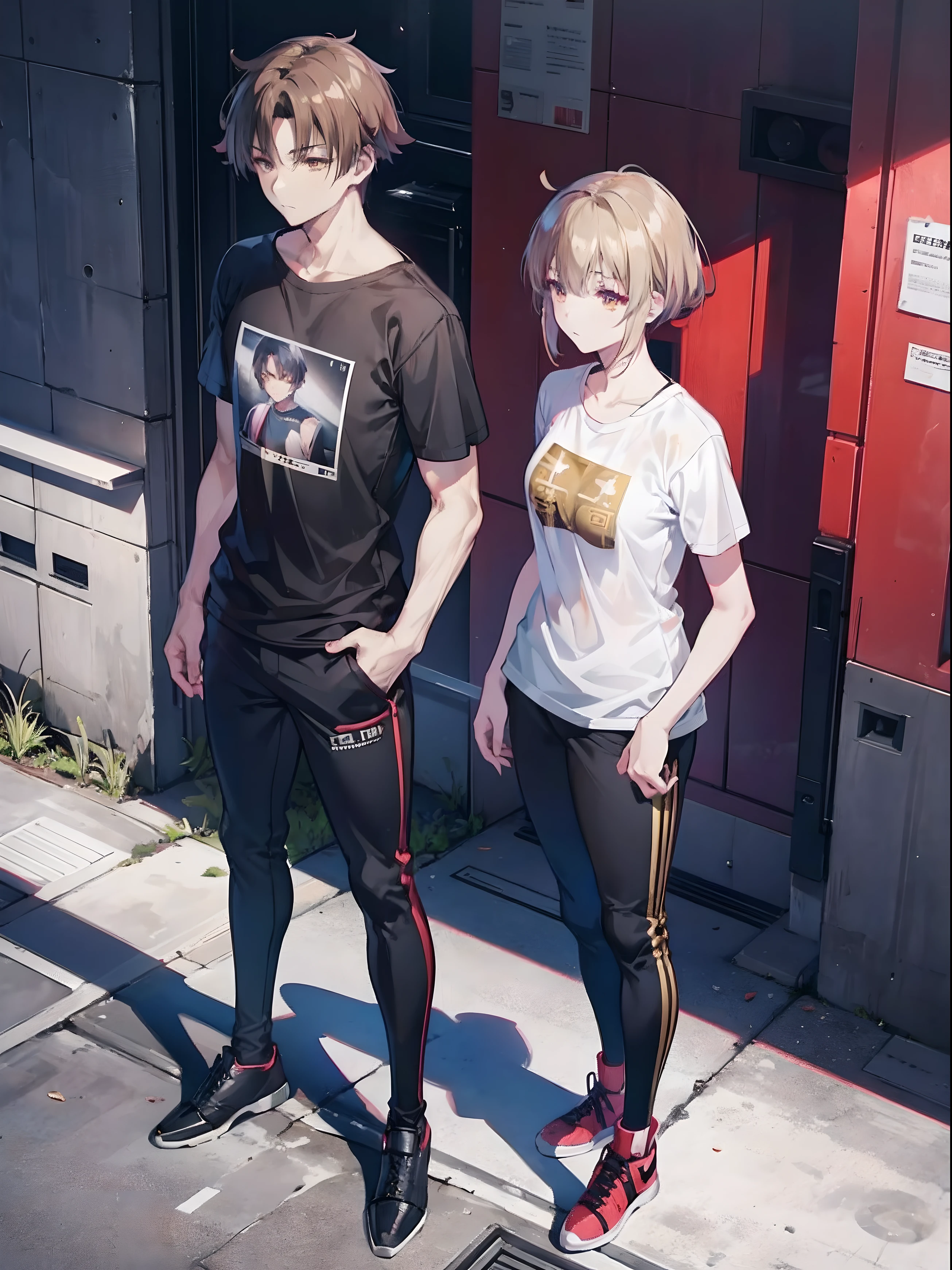 kiyotaka ayanokoji who is a boy with a medium build, standing next to makima who is a girl ,two people, piercing golden eyes , with black t shirt that is tight , grey track trousers, black boots,in a city , ultra high-definition, full body view , looking aloof , 8k , detailed