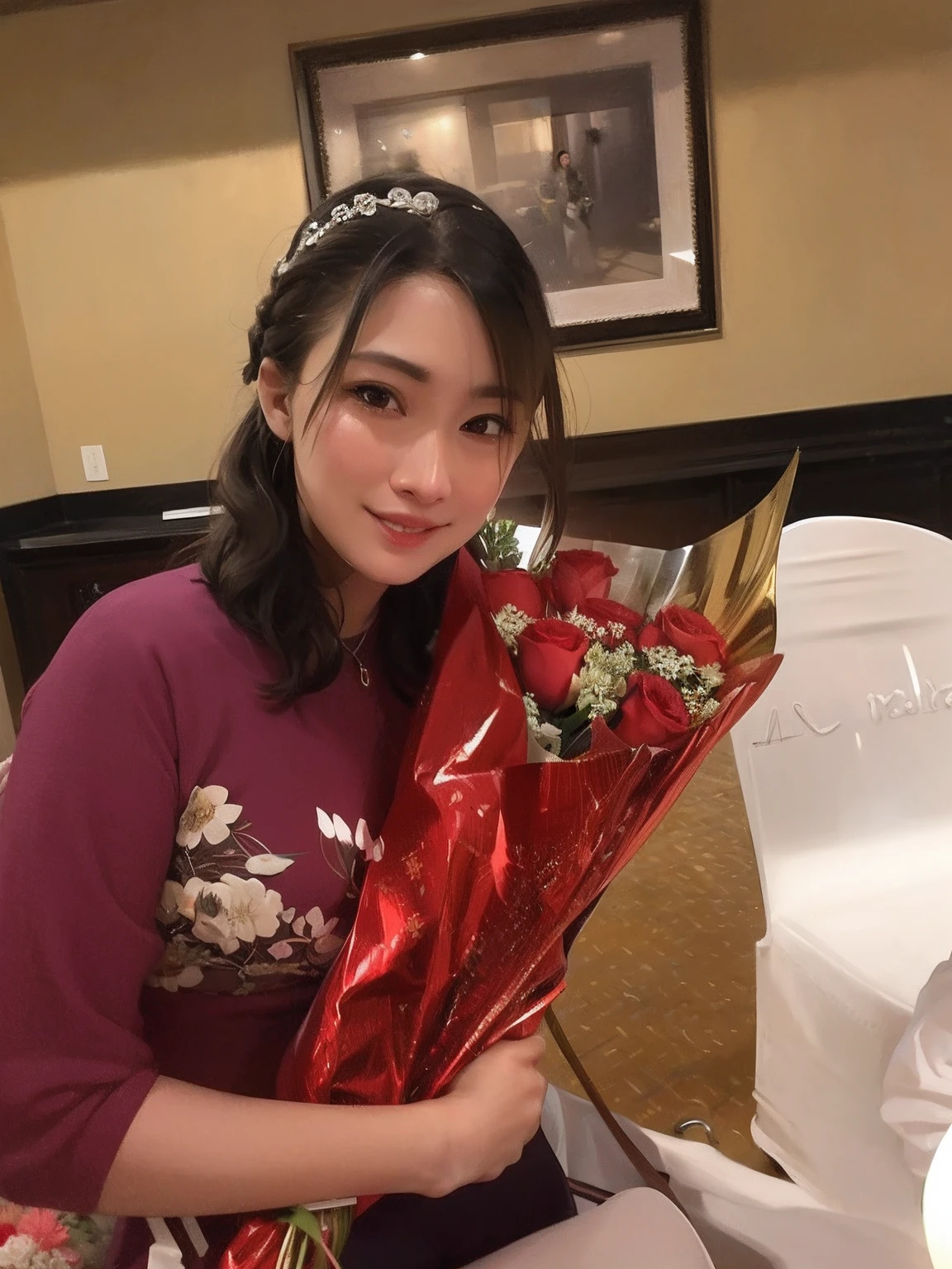 there is a woman holding a bunch of flowers in her hand, with flowers, bouquet, she is about 2 5 years old, very low quality, very very low quality, exclusive, sakimi chan, 2 3 years old, beautiful girlfriend, grand!, chiho, 2 2 years old, student, 2 4 years old, tall, mai anh tran, asian female