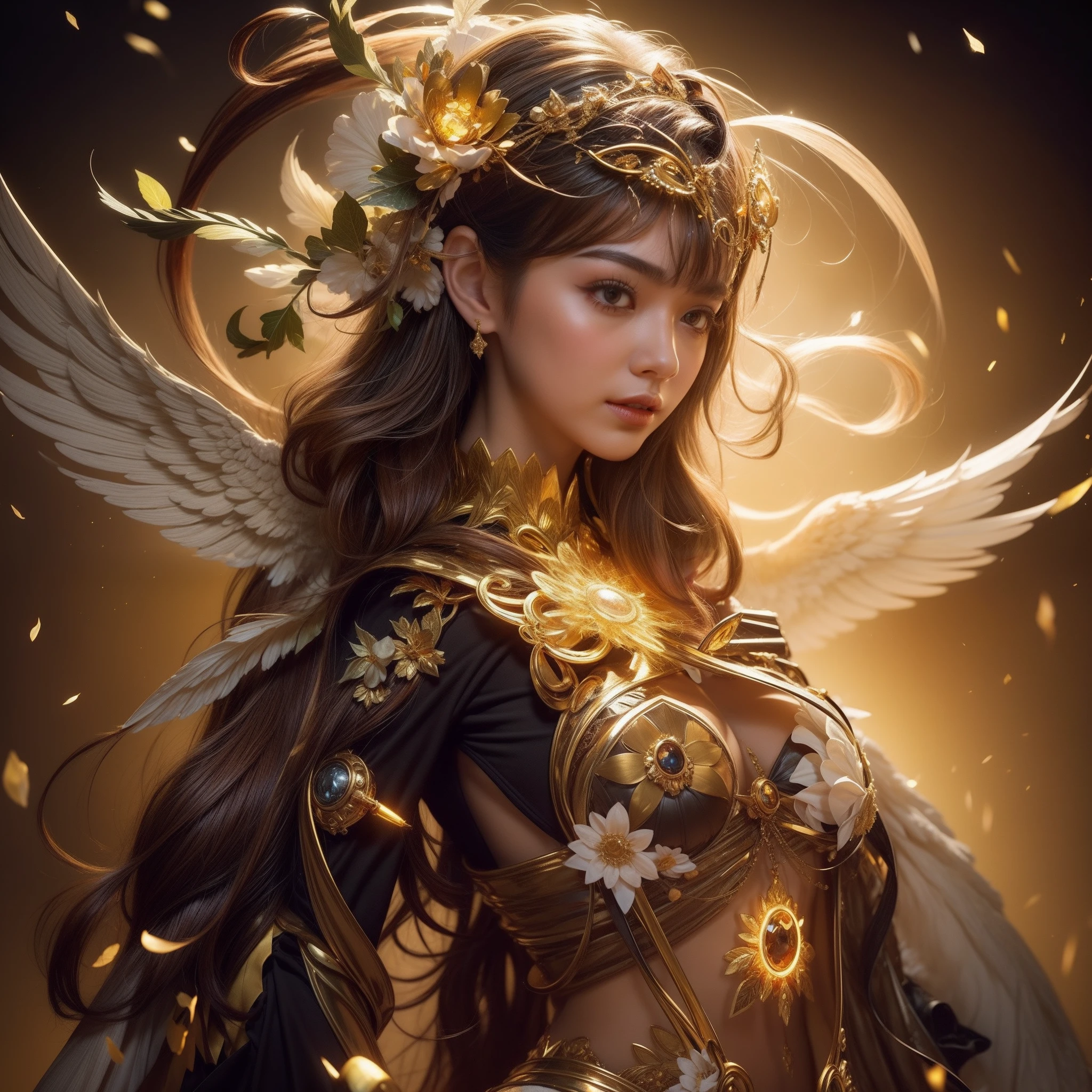 Picture quality:A masterpiece of high detail,8k,High resolution body content:1girll,16 yaers old,Tilt-shift viewing angle,Sideways pose, Broad perspectives,Wear angel costumes,Glowing hair,long leges,Exudes an aura of majesty and wisdom,Surface Coloring,Spread the golden mechanical wings behind your back,Behind him is the mysterious super-large golden wheel golden light,Countless glowing quicksand swirled around this figure,Divine sense top light,The feeling of being high,Background with:A dazzling paradise,enviroment:fanciful,full of sunlight,Buddha is full of light,utopian,The ethereal breath of the Holy Country bathed in the glow of the sky,Hopeful,Divine piety,Mysterious atmosphere:Mysterious sense of agnostic light:sun light,Strong sunshine,Magic beam,The fantasy of the future world is intertwined with reality,color:Infused with ethereal hues and luminous gold tones,White gold color,High purity color, composition:Wide angle composition,The character is in the center, Style reference:Virtual Engine,The magical texture of red sparks,The chaotic real world