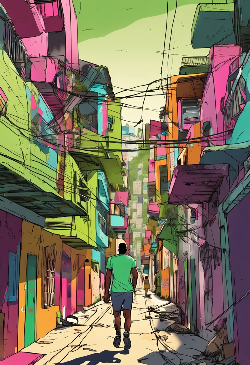 Desenvolver uma imagem com um individuo correndo em uma favela do Rio de Janeiro , com uma mochila verde nas costa, um fone de ouvido, bermuda e tenis. Desenvolver uma imagem,Integrate a visually striking obstacle that symbolizes the challenge to be overcome,Include elements that represent hope and perseverance, like a gentle sunrise beginning to illuminate the horizon.