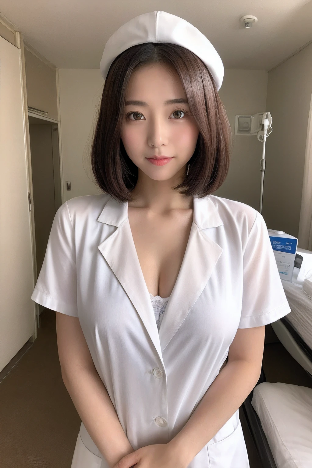 (top-quality、8K、32K、masterpiece、nffsw:1.2)、(very large breast)、Photo of a cute Japanese woman、 1 人、(Medium short dark brown hair)、、二重まぶた、White nurse uniform、 (caps) 、(The bra is visible)、open-shirt、hospitals、Hospital Room、The upper part of the body、