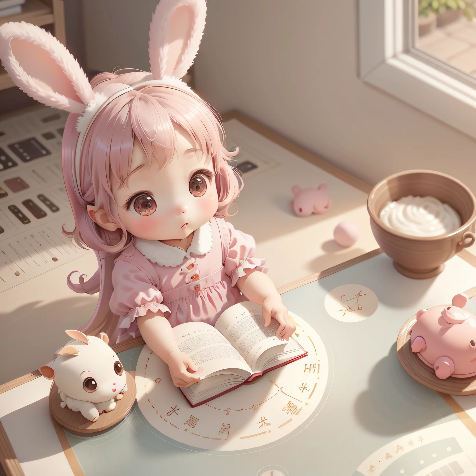 (Extremely cute and delicate CG illustration, Ultra-detailed and ultra-high-quality),A cute girl,Chinese girl,Wearing rabbit ears,Pink clothes,Sit at the table,Looking at a book