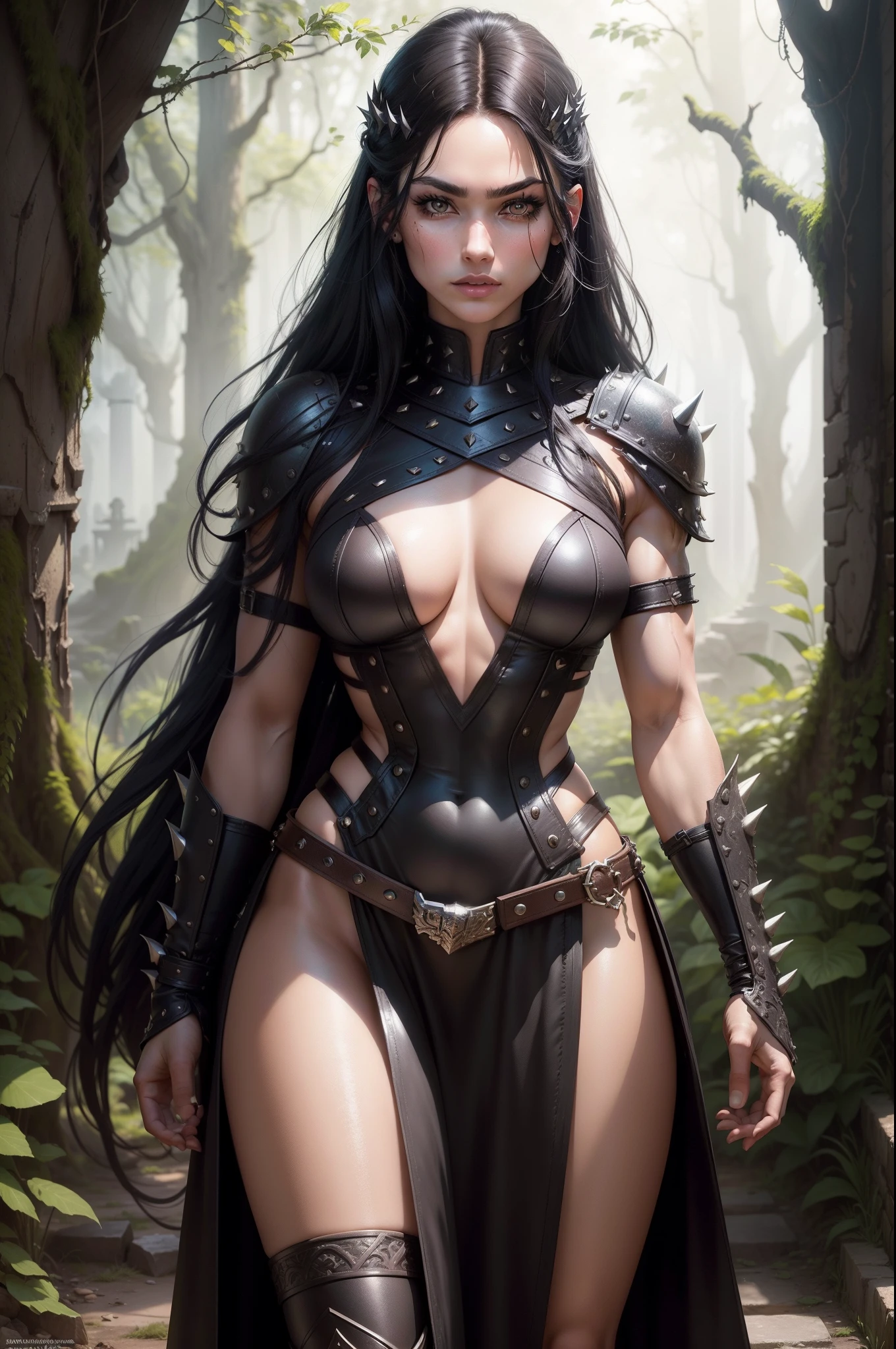 Beautiful muscular woman, leather armour , Fur elements in armor, metal spikes and rivets , Long black hair, brown dark eyes, Bright dark cosmetics, Swarthy realistic skin, damp skin on the body and face, Perfect sexy body, Full-length, Ruins of the ancient city, moss on trees, lots of fine detail, Fine patterned tattoos on the body, A realistic masterpiece