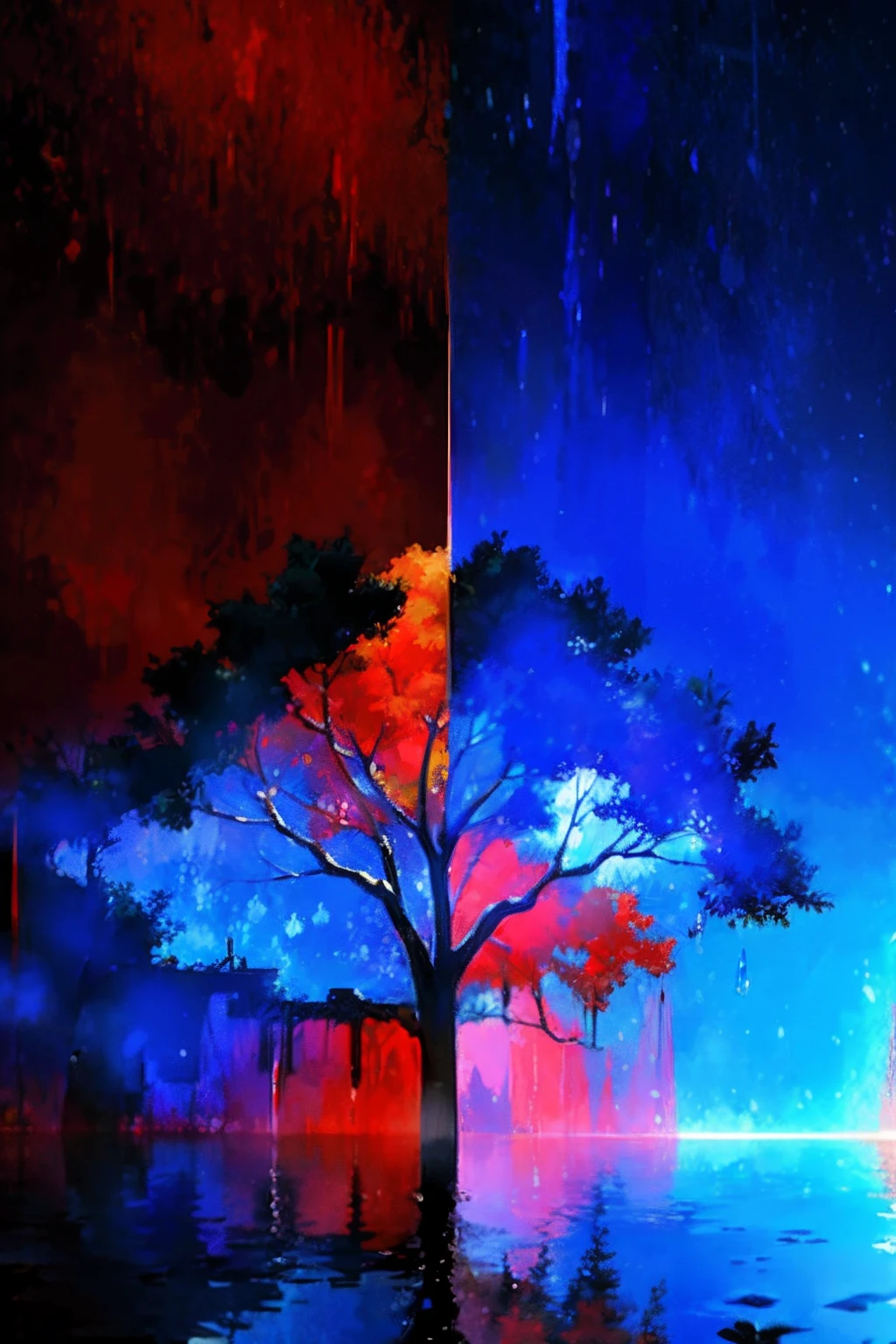 "A captivating tree adorned with stunning shades of blue and red, while elegant purple raindrops ascend gracefully into the sky."