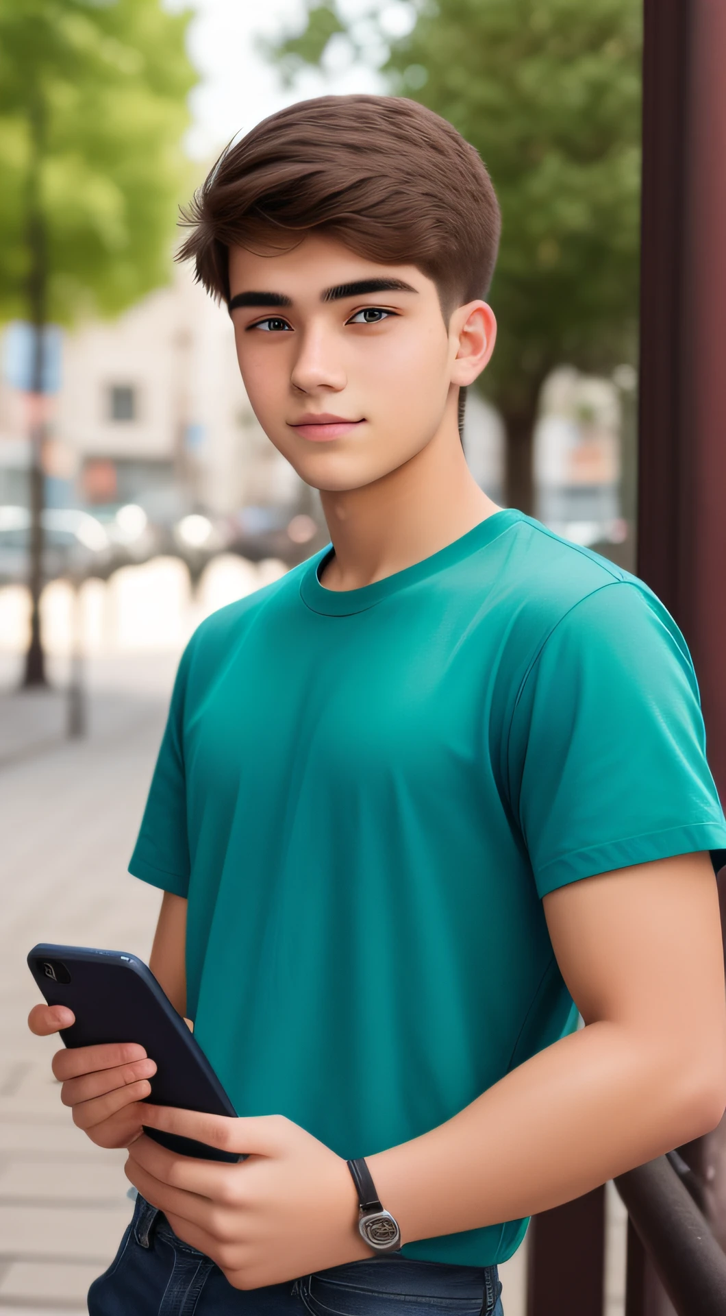 20-year-old man looking at the camera holding his phone