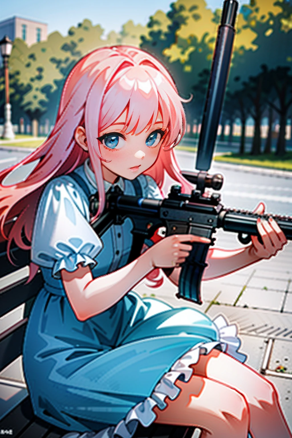 (Masterpiece:1.2), Best quality, A high resolution, Original, (Extremely detailed:1.2), Ultra-detailed, the wallpaper, Perfect lighting,(Extremely detailed CG:1.2), 8K, illustration,1girll, Solo, Pink hair, Delicate blue eyes, Delicate face, ({Delicate|Detailed|Short-sleeved}dress:1.19), Shiny clothes, ({Detailed|Delicate}Uzi machine gun:1.2), holding gun, Aim for, (aiming at viewer), Sit on a stone bench, Close-up, park, day