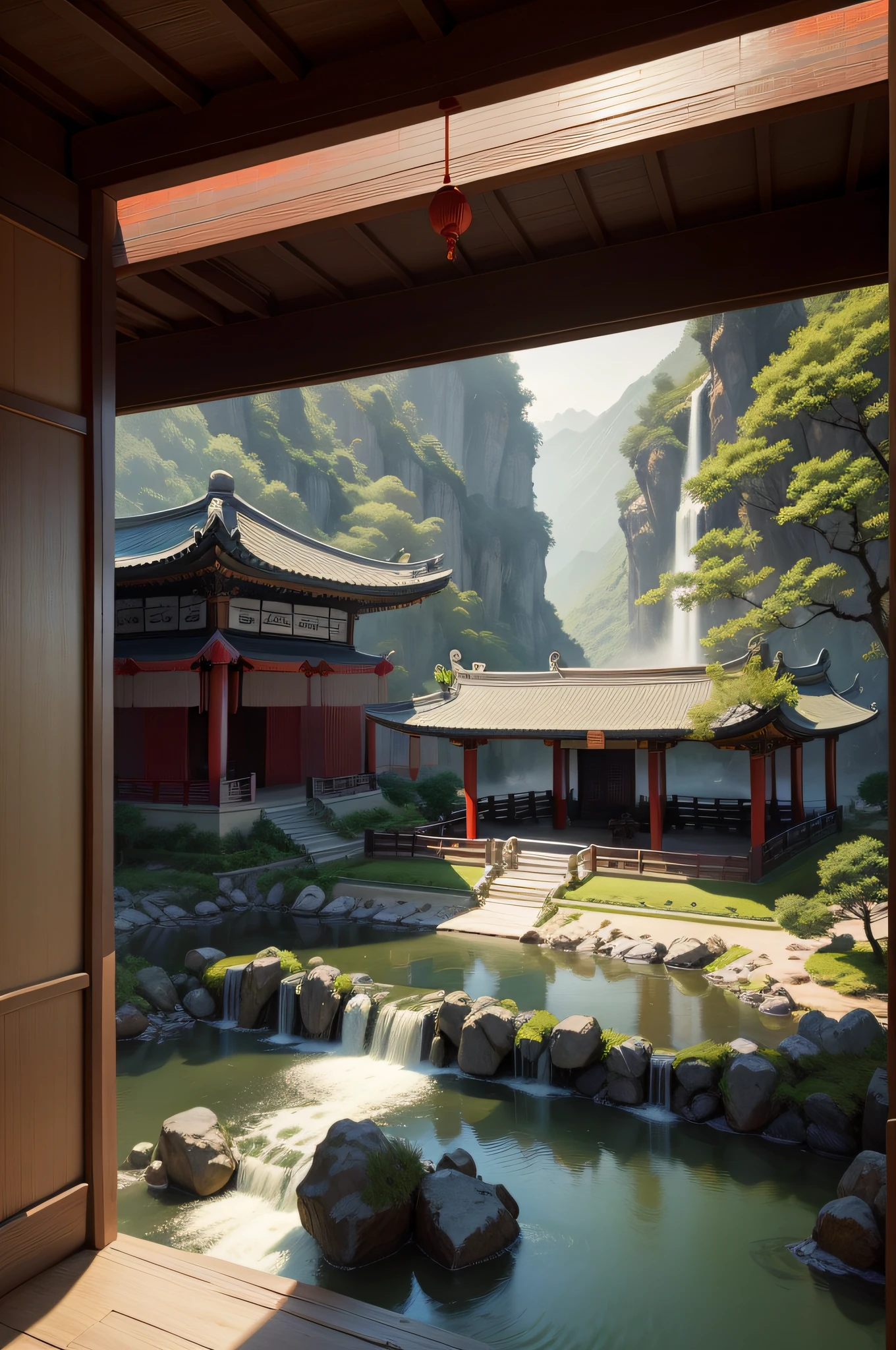 tmasterpiece,illustration,The sunset is shining,Several wild geese flew in the air,There is an old Chinese pavilion building by the water,The water is calm;