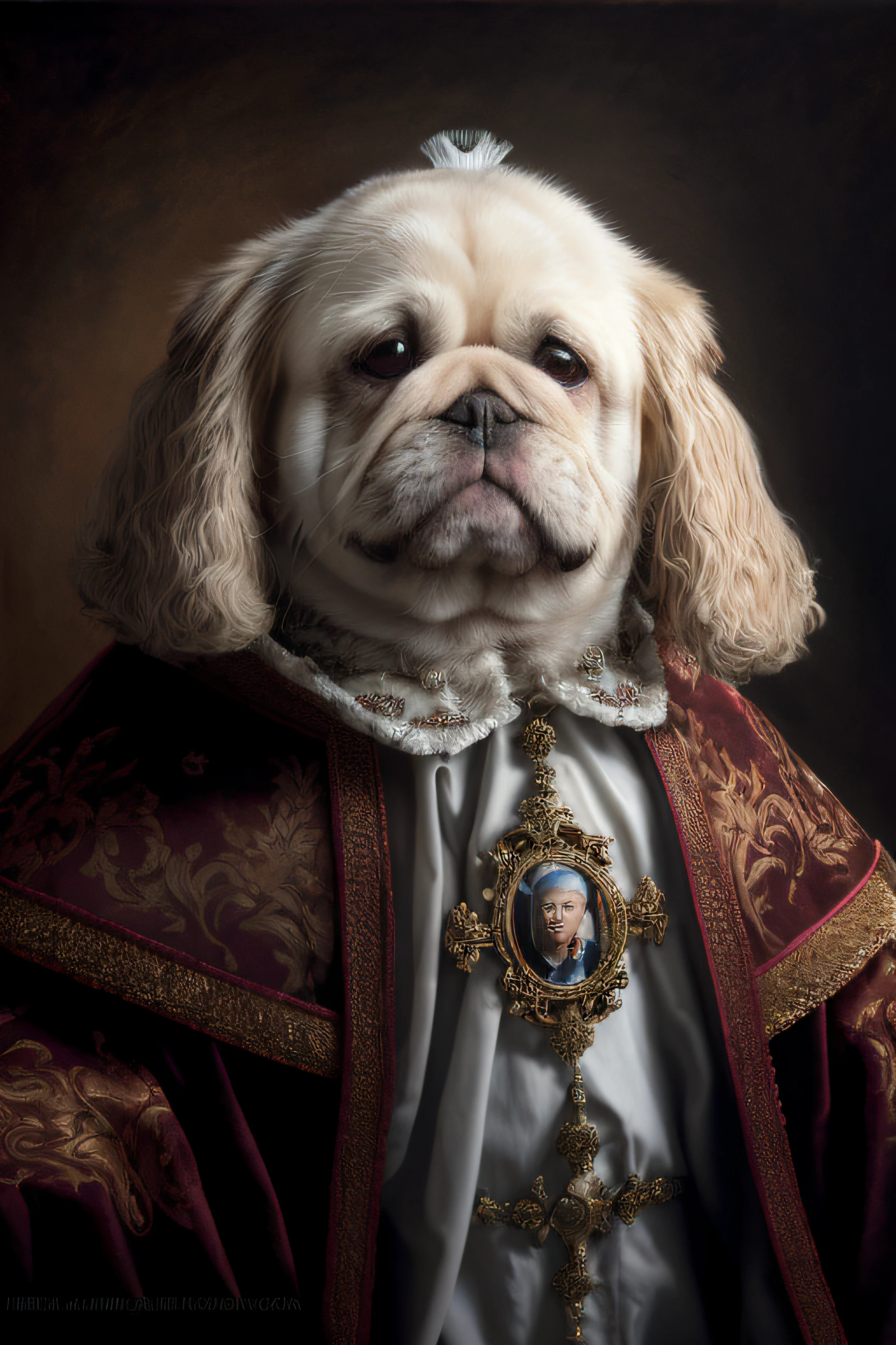 arafed dog dressed in a regal regal regal regal regal regal regal regal regal regal regal regal regal regal regal regal regal regal regal regal regal regal regal regal regal, portrait of a pug as the pope, inspired by Fra Bartolomeo, inspired by Giovanni Lanfranco, royal portrait, in a high renaissance style, baroque portrait, majesty in noble clothes