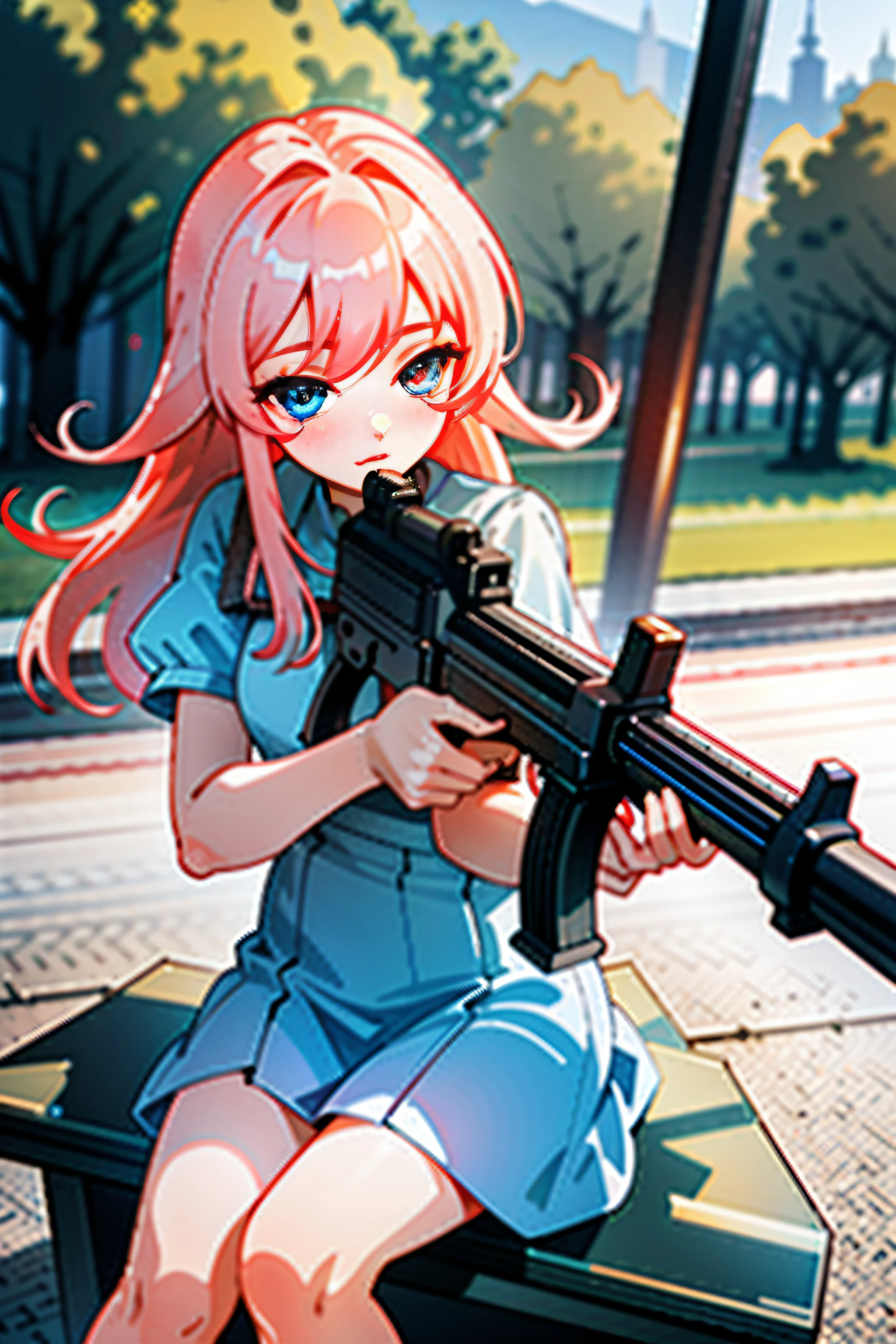(Masterpiece:1.2), Best quality, A high resolution, Original, (Extremely detailed:1.2), Ultra-detailed, the wallpaper, Perfect lighting,(Extremely detailed CG:1.2), 8K, illustration,1girll, Solo, Pink hair, Delicate blue eyes, Delicate face, ({Delicate|Detailed|Short-sleeved}dress:1.19), Shiny clothes, ({Detailed|Delicate}Uzi machine gun:1.2), holding gun, Aim for, (aiming at viewer), Sit on a stone bench, Close-up, park, day
