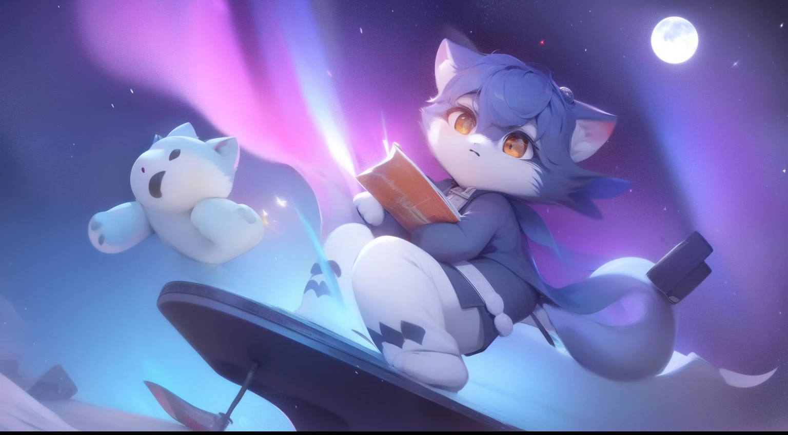 Furry mascot,Furry Fur,Furry snow leopard,Lovely image,snow leopard,Cute furry,Large research vessels,Snow leopard on ice,Beautiful aurora,Look at the aurora, Long, Fluffy tail,In the Arctic,The ship is brightly lit,Cubs,is in night,nigh sky, Winters,stars,Close-up of cute characters