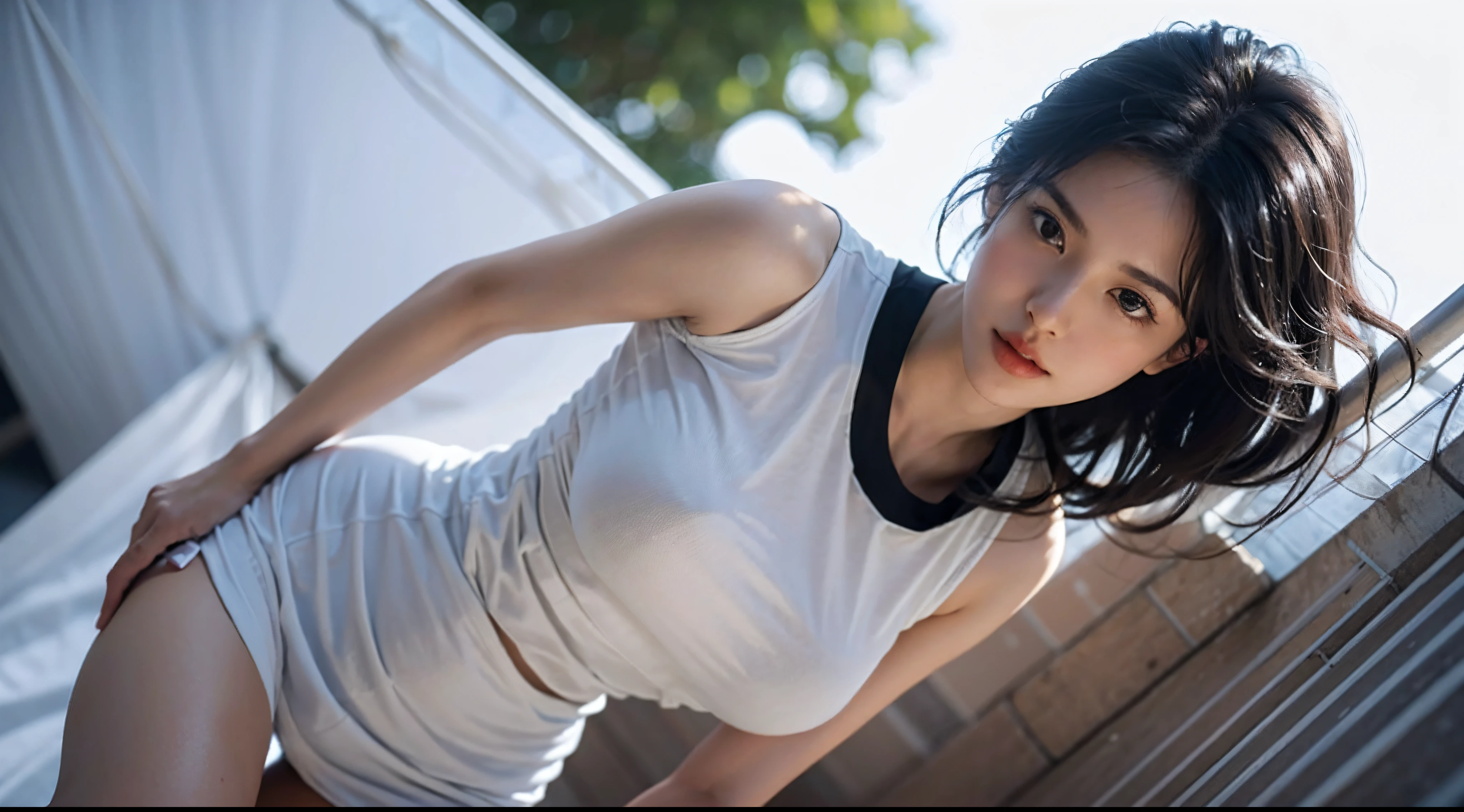 1girl, 175cm,soft body, full body ,black hair, wavy hair, hair reaches waist,white tight short dress, tight white jersey tshirt,high lights, light effects, shining, realistic, hopping ,playing volleyball, close-up, 8k, RAW photo, best quality, masterpiece,realistic, photo-realistic