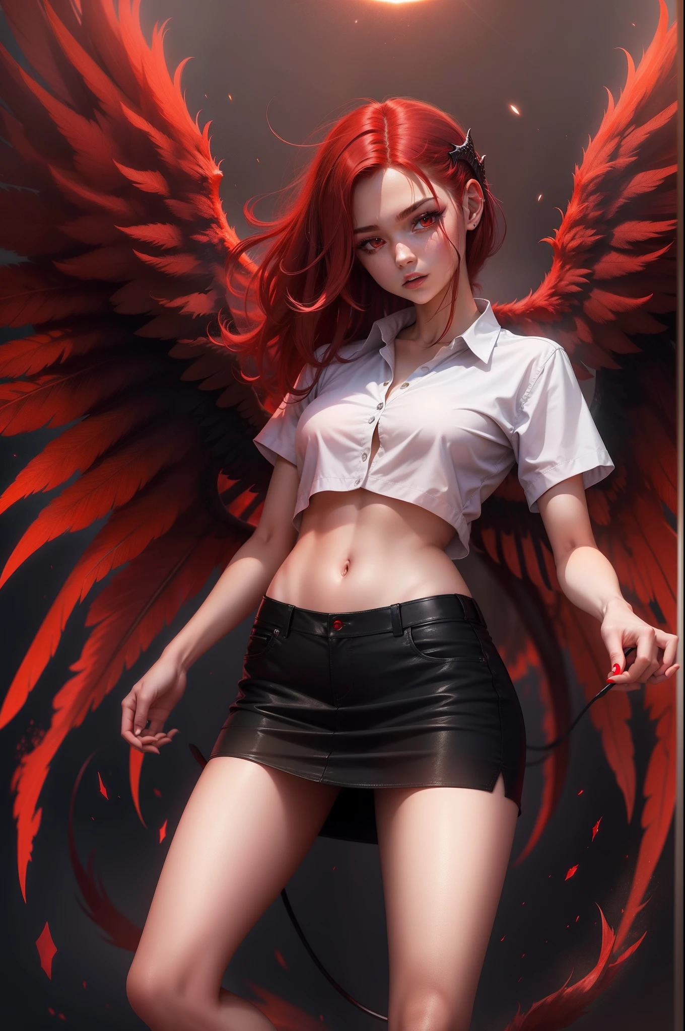 high quality 4k, a demon girl, a fallen angel with bright red wings behind her back, in a miniskirt, in a short top, very beautiful, she looks 18 years old, red hair falls from her shoulders, all this against the background of a detailed black hole in red tones
