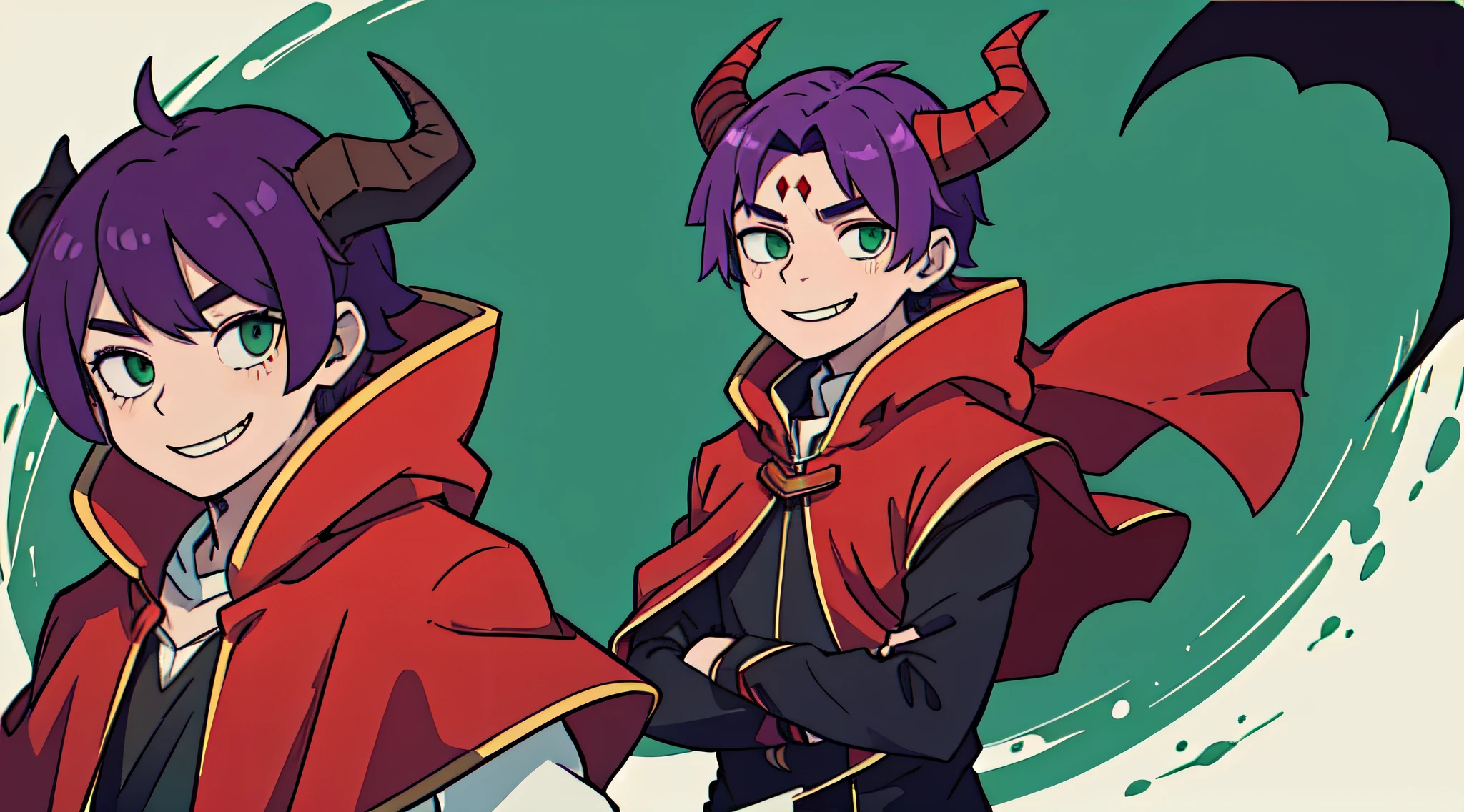 top-quality、(Deformed)、Boy with short purple hair、Green eyes、demonic horns、A smile、red cloak、Greenscreen background