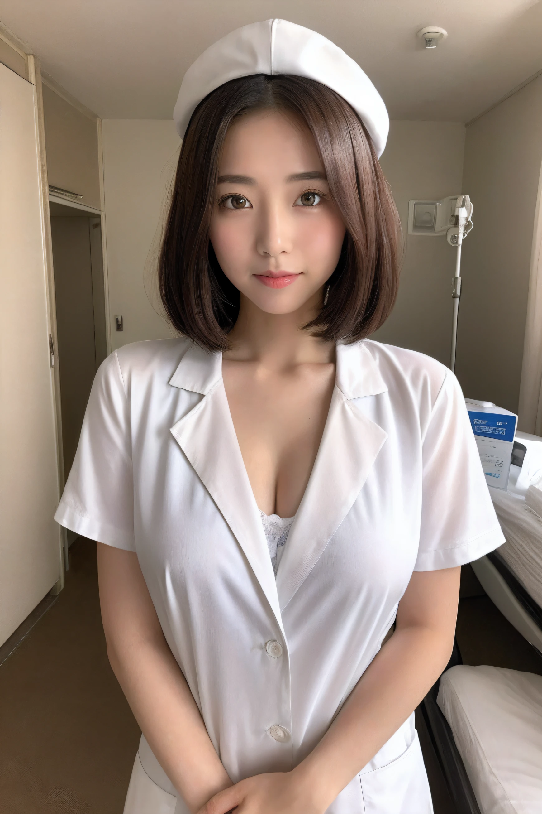 (top-quality、8K、32K、​masterpiece、nffsw:1.2)、Photo of a cute Japanese woman、女の子 1 人、(Medium short dark brown hair)、(Colossal tits)、二重まぶた、White nurse uniform、Little White Nurse (caps) 、White shirt、open-shirt、hospitals、Hospital Room、The upper part of the body、A sexy、sexy chest、Bet、Seated position、full bodyesbian