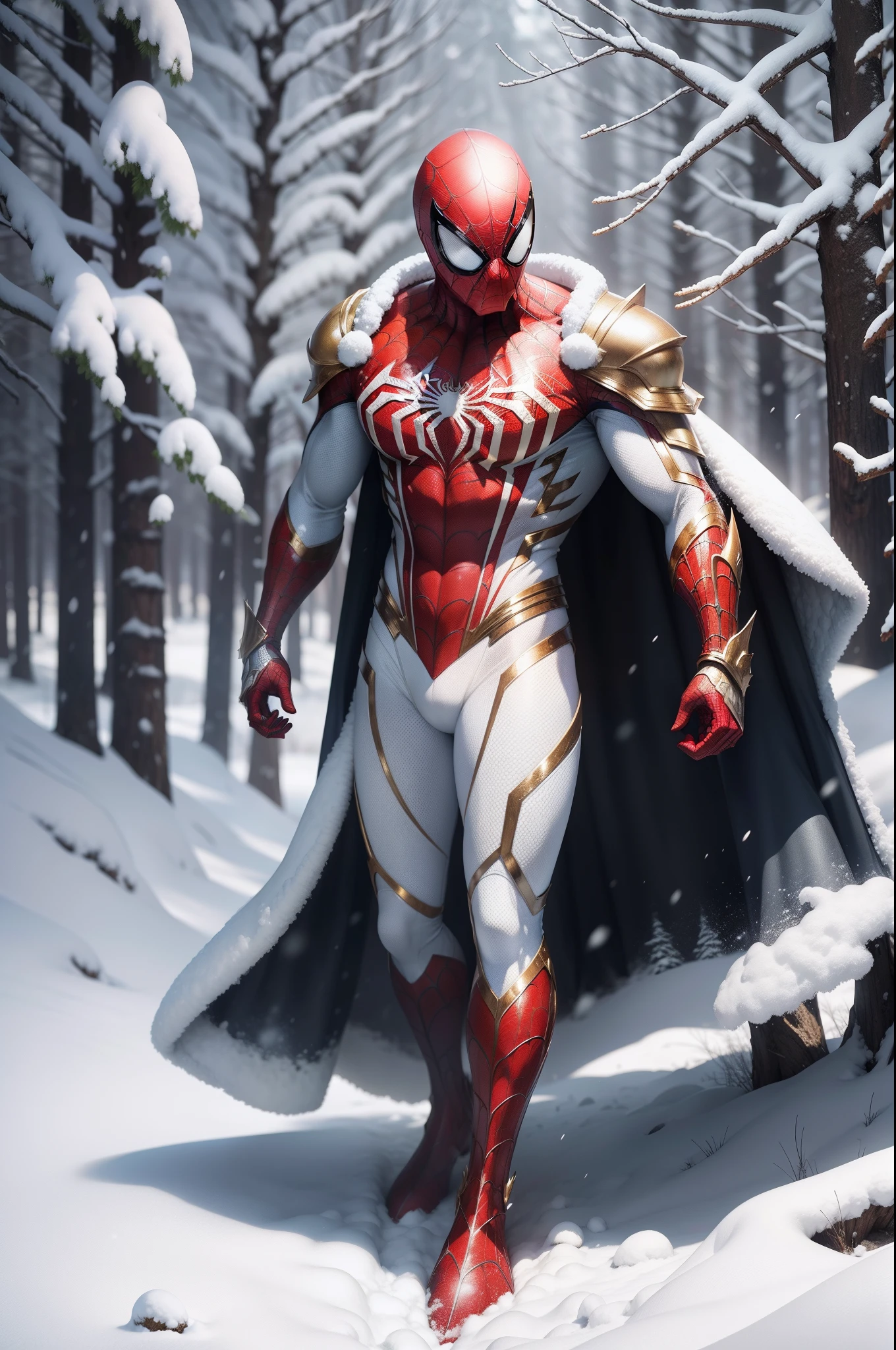 Spiderman full body on a white, gold and red armor suit, on a white snow forest, snow falling over the armor, the sin shines over the armor suit, hyper realistic, photorealistic, 8K, an award winning photo
