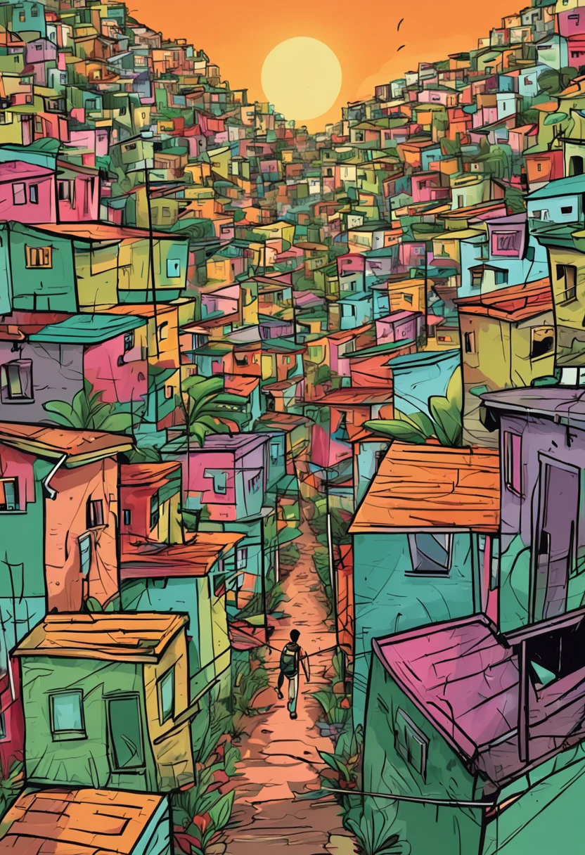 Desenvolver uma imagem com um individuo correndo em uma favela do Rio de Janeiro , com uma mochila verde nas costa, um fone de ouvido, bermuda e tenis. Desenvolver uma imagem,Integrate a visually striking obstacle that symbolizes the challenge to be overcome,Include elements that represent hope and perseverance, like a gentle sunrise beginning to illuminate the horizon.