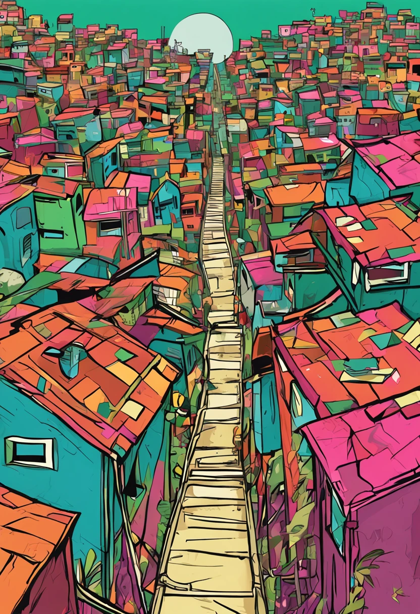 Desenvolver uma imagem com um individuo correndo em uma favela do Rio de Janeiro , com uma mochila verde nas costa, um fone de ouvido, bermuda e tenis. Desenvolver uma imagem,Integrate a visually striking obstacle that symbolizes the challenge to be overcome,Include elements that represent hope and perseverance, like a gentle sunrise beginning to illuminate the horizon.