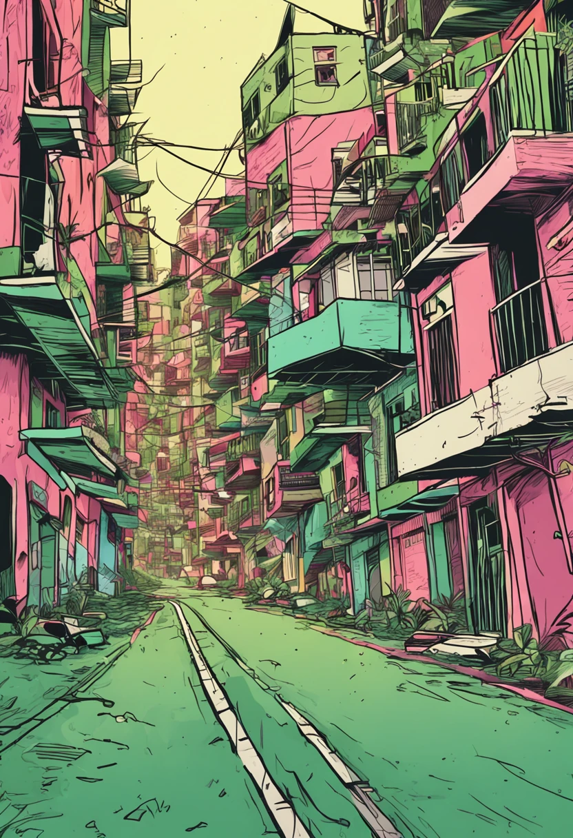 Desenvolver uma imagem com um individuo correndo em uma favela do Rio de Janeiro , com uma mochila verde nas costa, um fone de ouvido, bermuda e tenis. Desenvolver uma imagem,Integrate a visually striking obstacle that symbolizes the challenge to be overcome,Include elements that represent hope and perseverance, like a gentle sunrise beginning to illuminate the horizon.