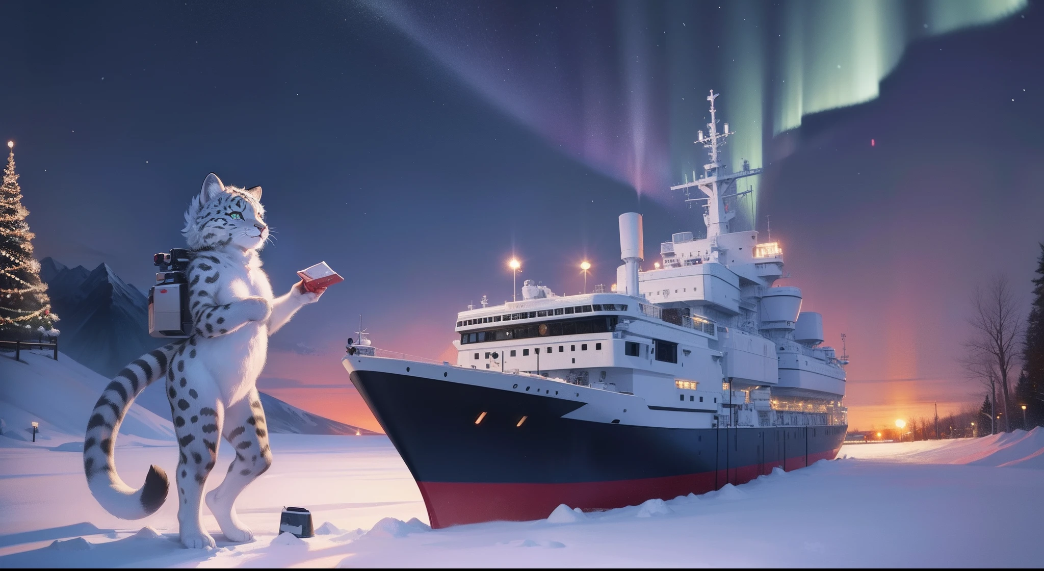 Furry mascot，Furry Fur，Furry snow leopard，Lovely image，snow leopard，Cute furry，Large research vessels，Snow leopard on ice，Beautiful aurora，Look at the aurora, Long, Fluffy tail，In the Arctic，The ship is brightly lit，Cubs，is in night，nigh sky, Winters，stars，Close-up of cute characters