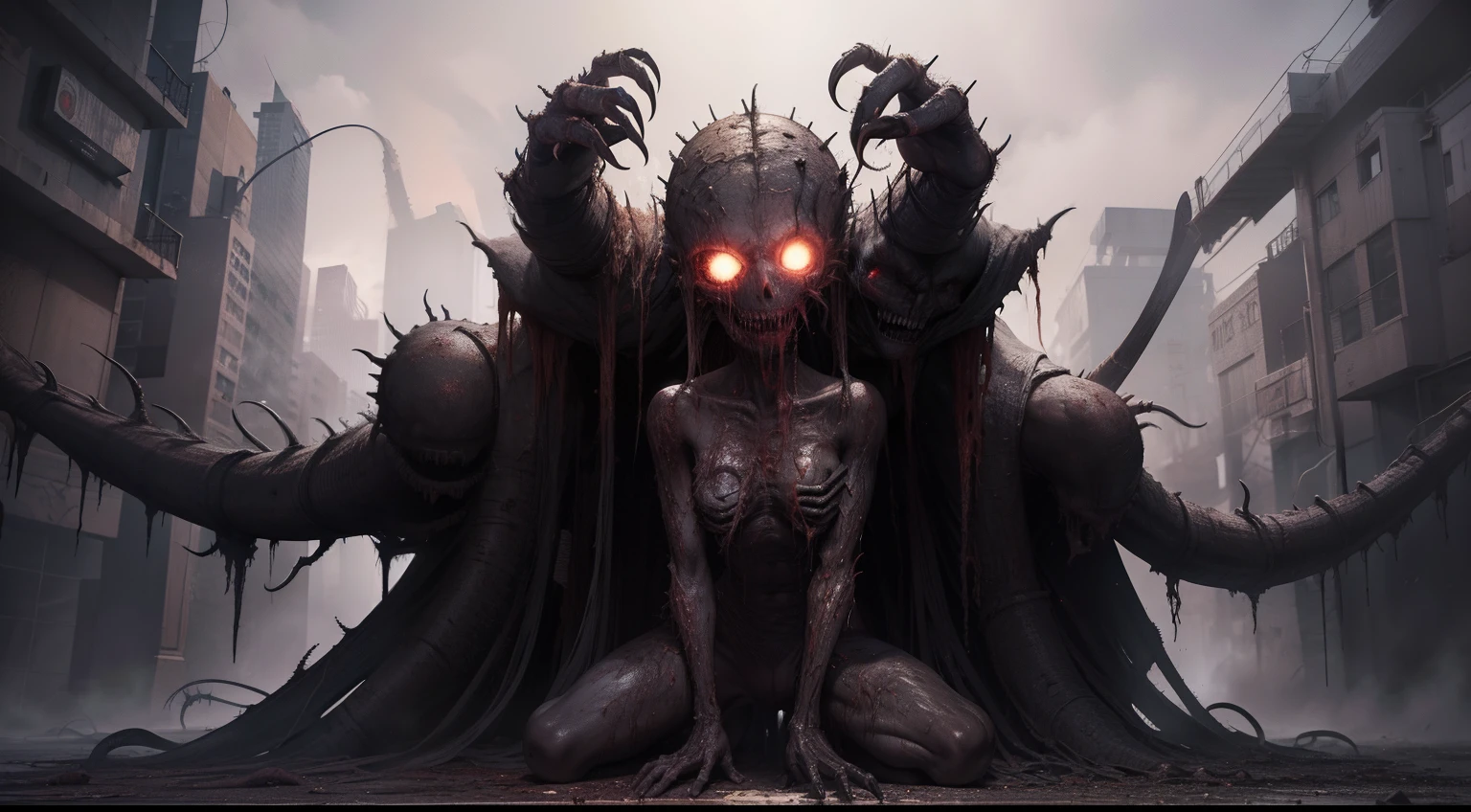 A nightmarish humanoid monster with a face and body that has missing pieces of flesh and covered in boils, rotting flesh and emanating an eldritch horror. It has writhing rusty nails on skin, skeletal details, razorwire ripping flesh, blood, skinny and devoid of skin. masterpiece, 8K full body render, full character render, artstation masterpiece, horror, gore