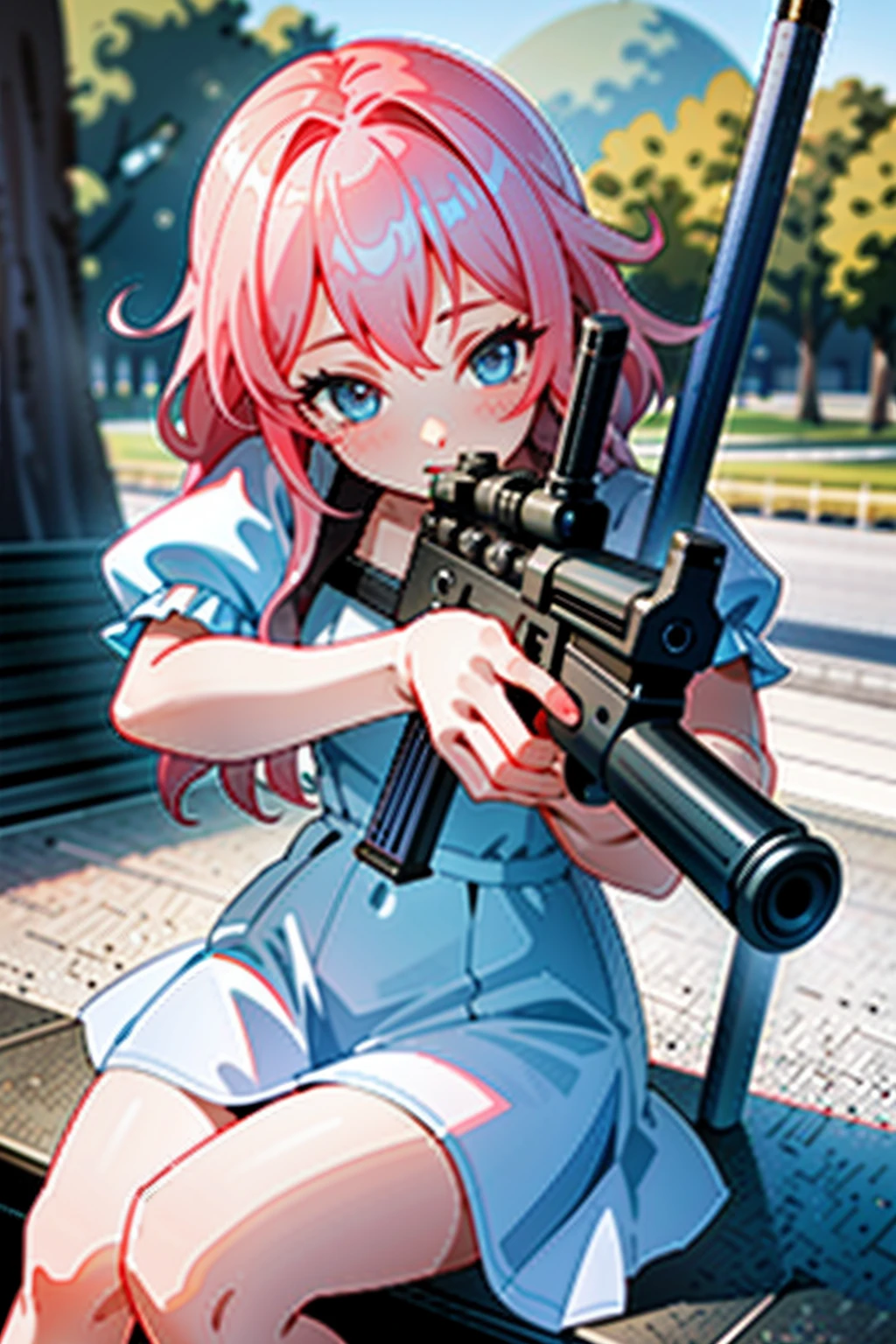 (Masterpiece:1.2), Best quality, A high resolution, Original, (Extremely detailed:1.2), Ultra-detailed, the wallpaper, Perfect lighting,(Extremely detailed CG:1.2), 8K, illustration,1girll, Solo, Pink hair, Delicate blue eyes, Delicate face, ({Delicate|Detailed|Short-sleeved}dress:1.19), Shiny clothes, ({Detailed|Delicate}Uzi machine gun:1.2), holding gun, Aim for, (aiming at viewer), Sit on a stone bench, Close-up, park, day