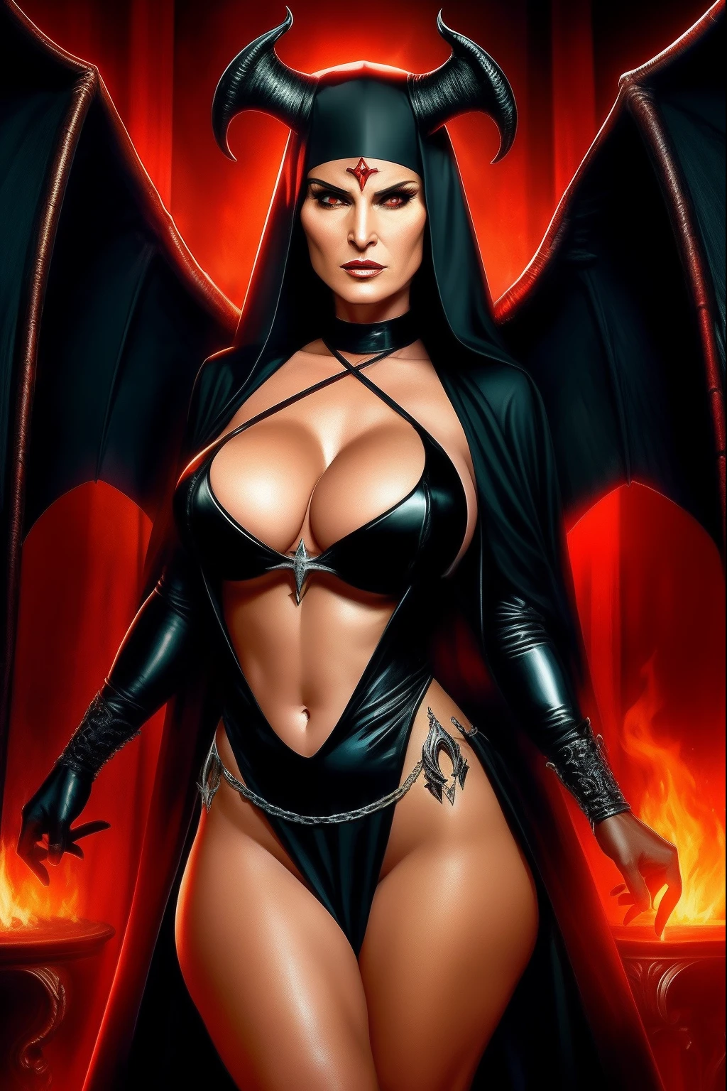 Lisa Ann: The evil nun, Demon horn on the head, demon wings,diabolique, insidieux, Context of the Satanic Church,  Realistic detailed eyes