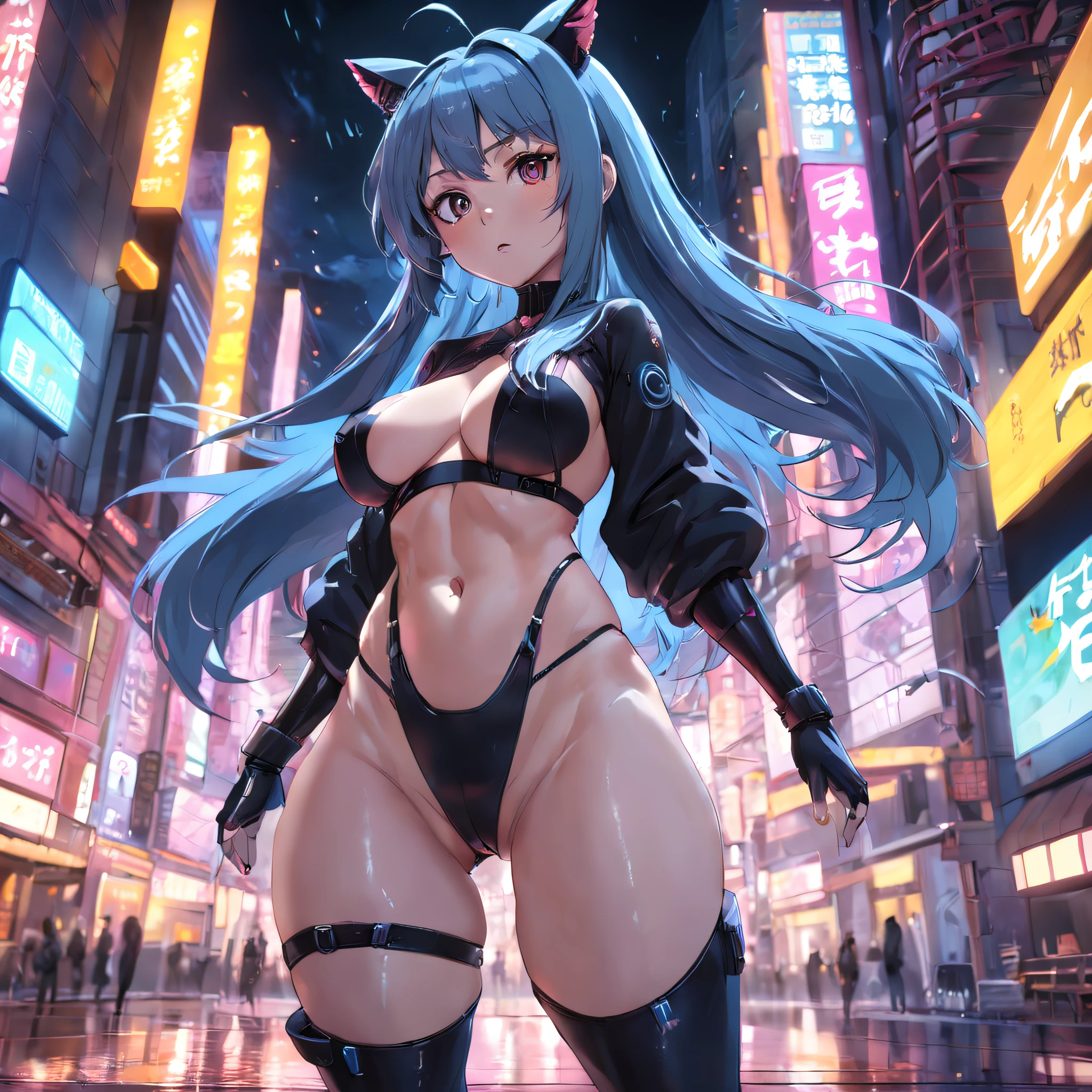 in the cyberpunk city, game_cg, ninja, bouncing breasts, mole on breast, black thighhighs, cervix, masterpiece, best quality