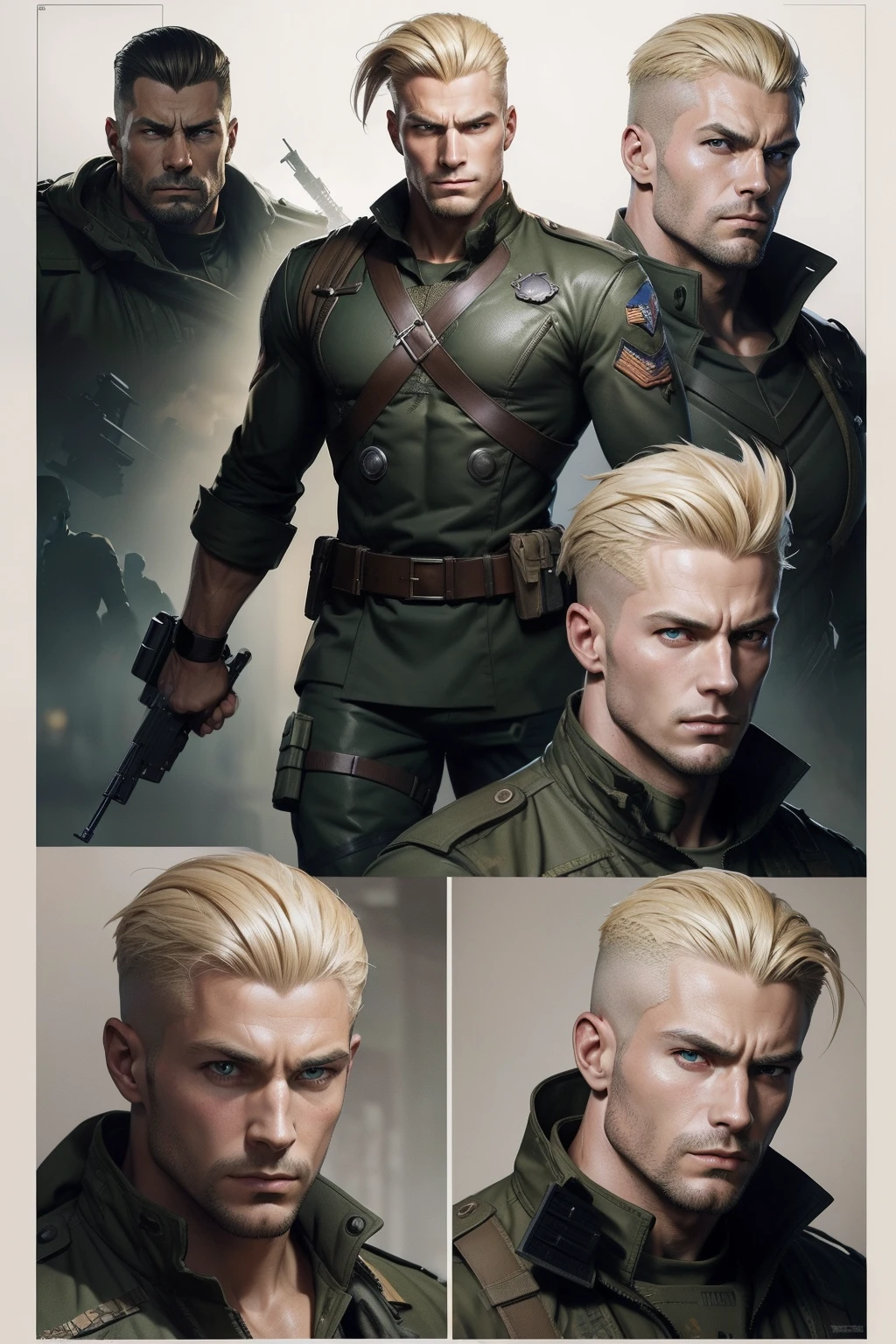 Personnage nom de code KRAIZON, American soldier, (((feuille de personnage))) (Multiple views Whole Body Upper Body Reference Sheet:1),, Croquis complet du corps avec expression souriante, High-angle sketch with serious expression ,, Latent,, Realistic Super Soldier, looking at the camera, White man with face in the center of the screen, Cheveux blonds de style Guile-style du jeu Street Fighter, Background to the ongoing war scene, Soldiers running with machine guns in their hands, explosions dans le ciel, just the character's face in the left corner of the screen, Perfect realistic graphic novel design, {{{Realistic digital illustration}}}, Platoon Style Film, Contraste vif, Soldats de fond et explosions, anatomie parfaite, centered, dynamique, highly detailed, Affiche du film, zbrush, Mise au point nette, {{{realistic illustration}}} David Finch Style, Dessin par Alphonse Mucha, par Peter Mohrbacher, par wlop, 2000s