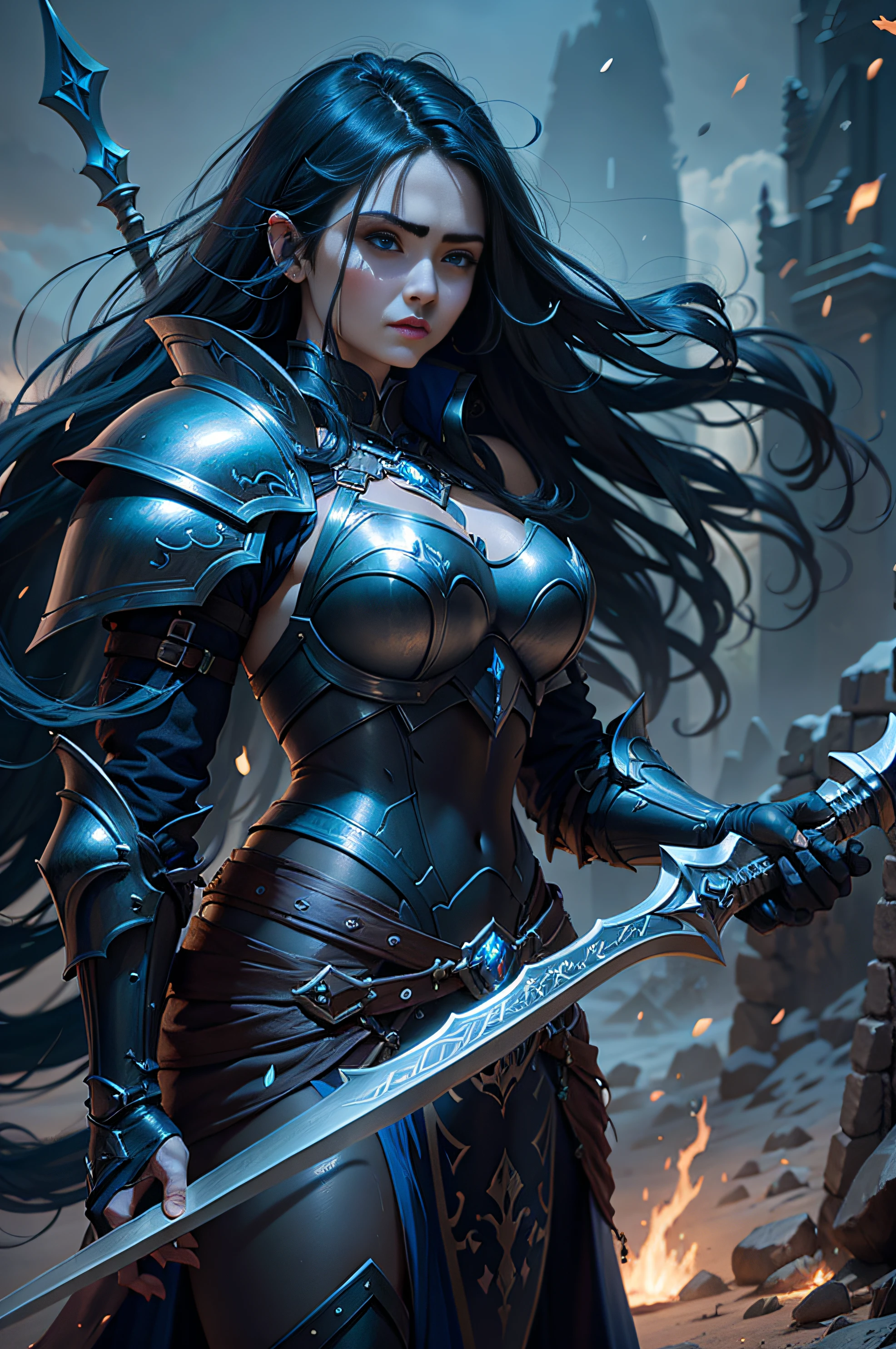 arafed woman in a Heavy dark armor holding a spear, 4k fantasy art, epic fantasy digital art style, artgerm julie bell beeple, fantasy paladin woman, epic fantasy art style, fantasy art behance, epic exquisite character art, 2. 5 d cgi anime fantasy artwork, 8k fantasy art, epic fantasy art style hd, white skin, blue long hair, dark armor, dark armor, black armor, darkness, long blue hair,