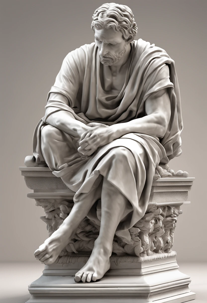 Arafed statue of a man sitting on a set of steps, a statue inspired by Theophanes, o grego, trending on zbrush central, Neoclassicismo, greco roman statue, divino e estoico, escultura realista de 8k bernini, classical statue, eStoic face, classicismo artstyle, Estoicismo, estoico and calm, stoic