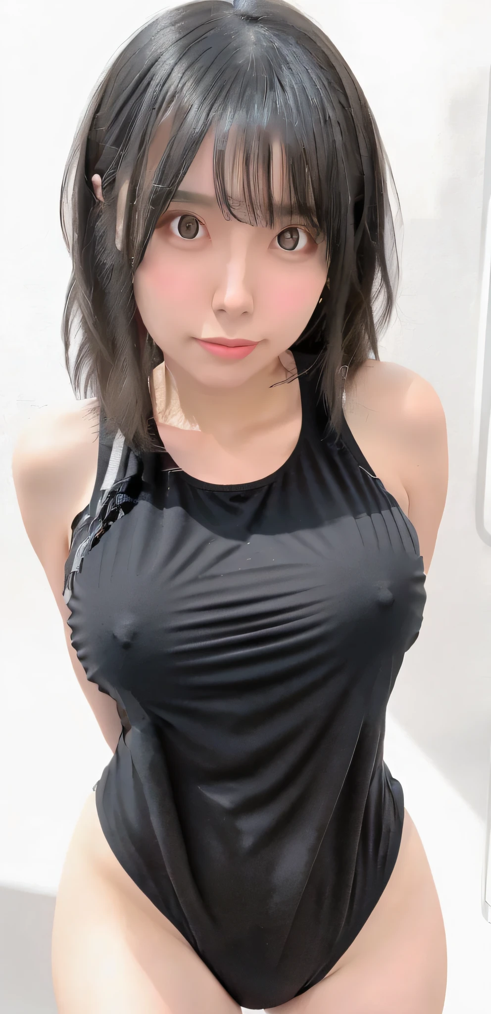 Pure black swimsuit, Her face flushed, oppai, , the breasts are large, she is wearing a black tank top, Wearing a vest,Put your hands behind your back,The clothes have no sleeves,Ultra-thin waist,Clothes are tight,Protruding