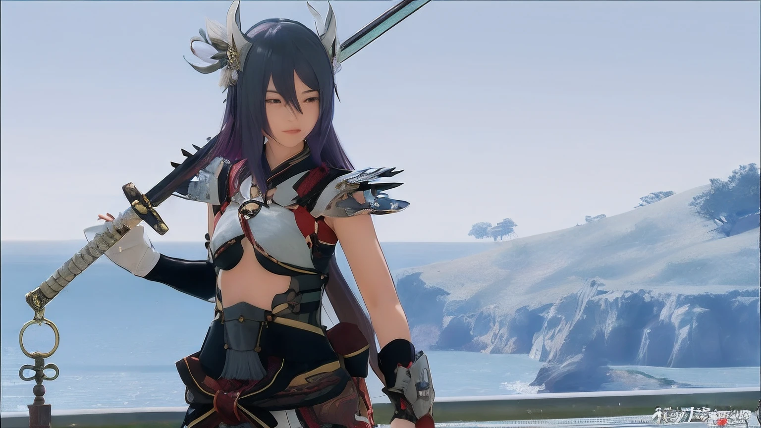 anime character with katana and armor standing on a bridge overlooking a body of water, katana zero video game character, keqing from genshin impact, zhongli from genshin impact, final fantasy 14 style, ayaka game genshin impact, ayaka genshin impact, azur lane style, katana zero, katana, jrpg character