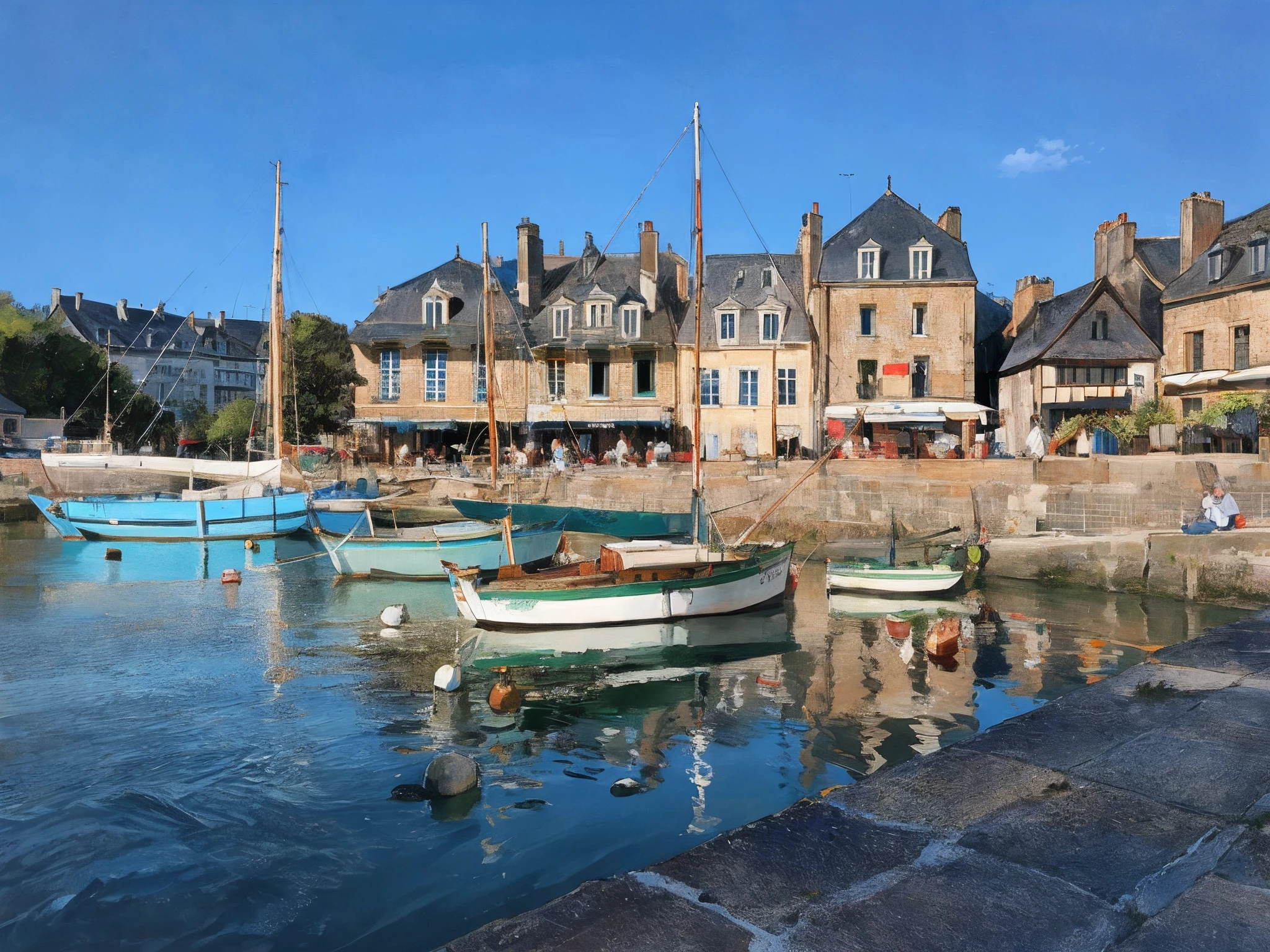 boats are docked in a harbor with a large building in the background, by Raphaël Collin, viewed from the harbor, northern france, normandy, harbour, small port village, by Bernard D’Andrea, harbour in background, traveling in france, by Gawen Hamilton, by Etienne Delessert, petite, picturesque, by Tom Wänerstrand, port