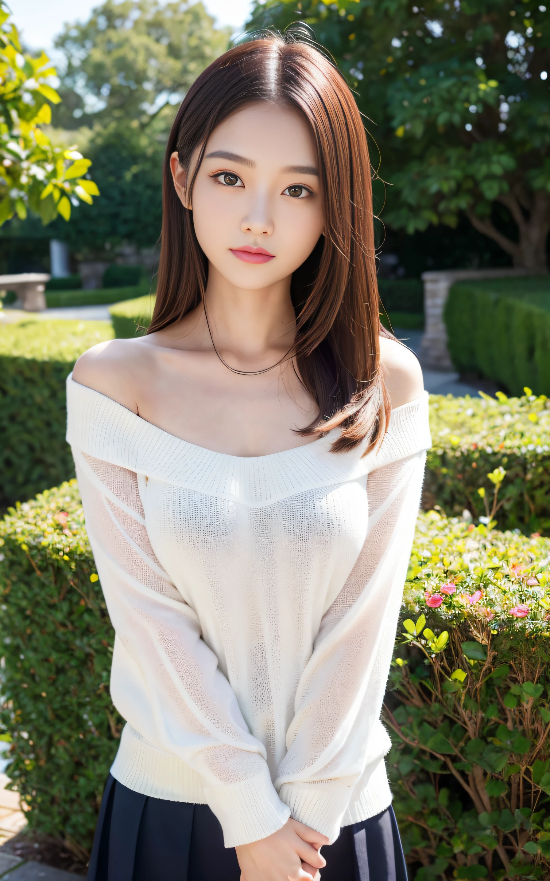 ((Best Quality, 8K, masutepiece: 1.3)), (Sharp Focus: 1.2), 1 girl, Neat and clean beauty, 20 years old, Japanese, Classy and elegant, A pretty girl with perfect figure, Cute, Shy, ((Shoulder-length straight hair swaying in the wind)), Big breasts, sad, (Sweaters: 1.1), Skirt, Highly detailed face and skin texture, Detailed eyes, Picturesque English garden with neatly trimmed hedges and roses