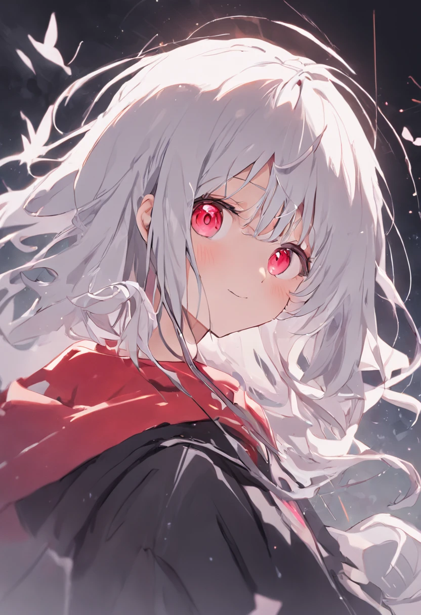 Two-dimensional comic book style,silvery white hair, red color eyes,Loli is full of feelings, full bodyesbian,Swinging eyes ,With a smile on his face,white stockings,Wearing a black sweatshirt,Scissors in hand,retinas,A high resolution,Otaku girl