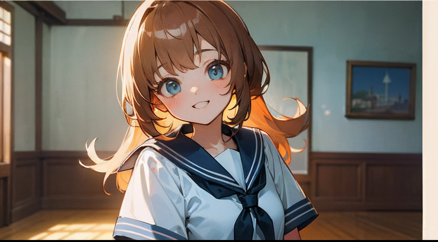 top-quality、hight resolution、detaileds、Beautiful girl with chestnut hair、Light blue short-sleeved sailor suit、fluffy long hair、Cute appearance、Rin々Smile、Rooms for single people、