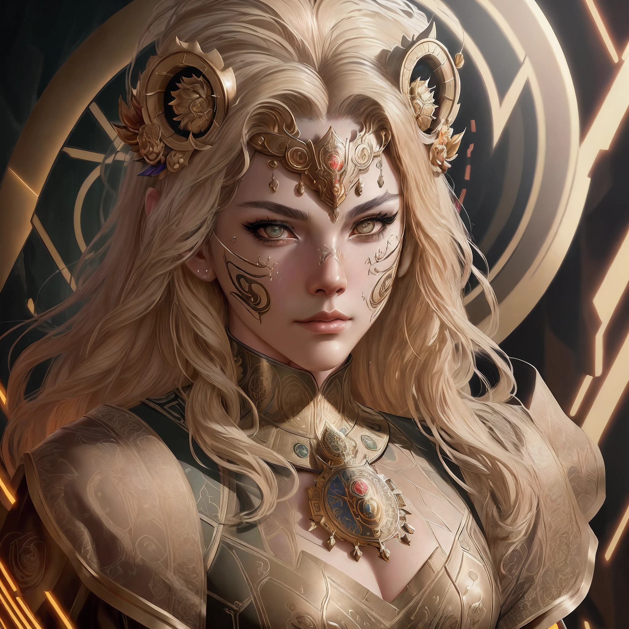 Very, very, very highly detailed epic photo of face with Venetian lion mask, intricate, dystopian, science fiction, extremely detailed, digital painting, art station, concept art, smooth, sharp focus, illustration, intimidating lighting, amazing art by artgerm and vincent di destino