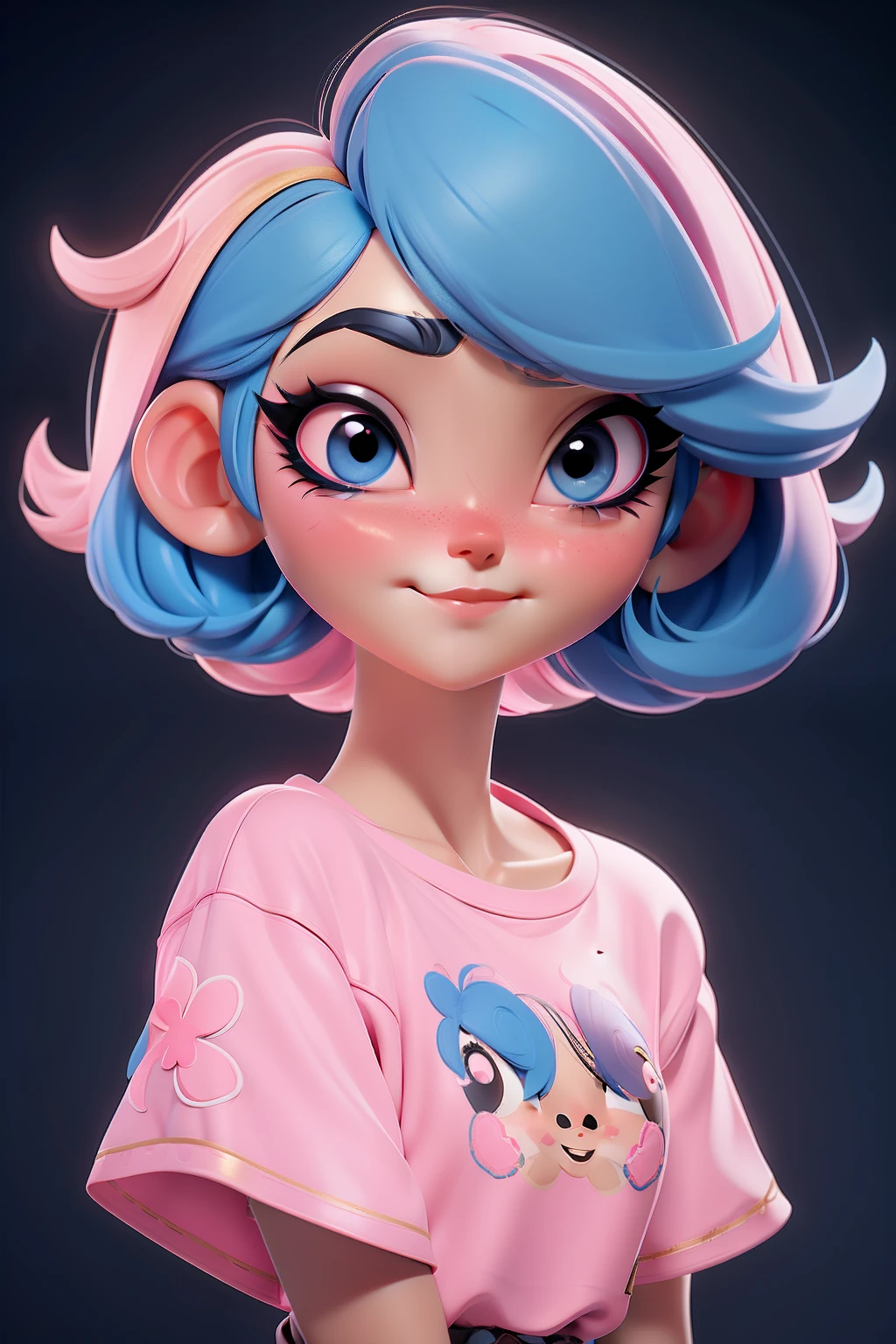 letter, 3D Face Pattern, Sweet and delicate girl, With short dyed hair ,Golden Girl,black makeup,long lashes,Pink T-shirt,black eyes ,blue hair