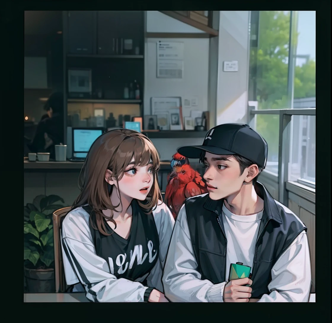 there is a man and woman sitting at a table with a parrot on their head, couple, lofi, & jeehyung lee & wlop, grainy low quality, lofi feel, lovely couple, they are in love, lo fi, spring day, 35mm —W 1920 —H 1080, nostalgic 8k