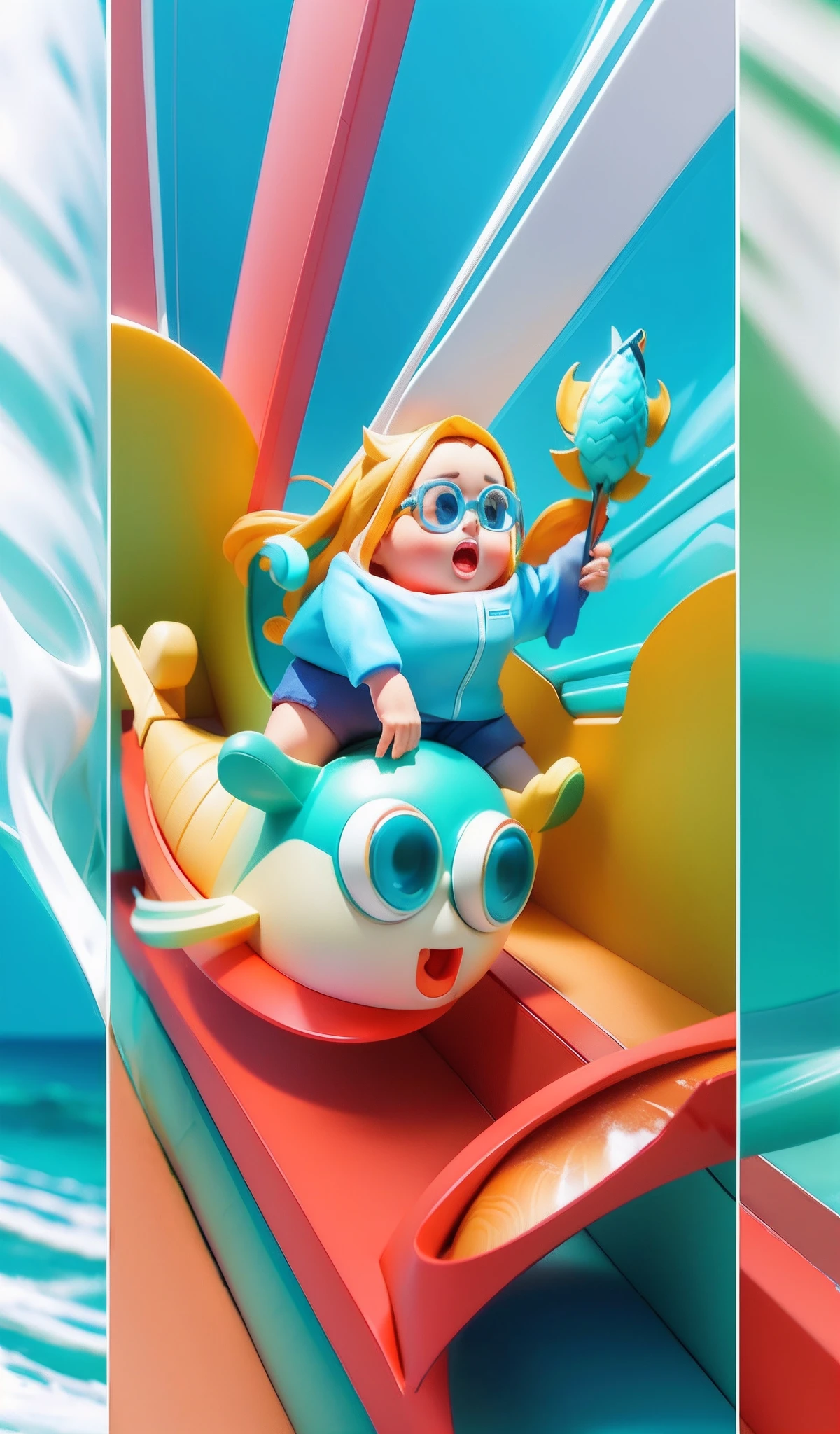 There is a cartoon picture of a girl surfing on the sea in a blue toy boat, Orange background，Wear white，orange pants，black color hair，Mobile game art, 3 d icon for mobile game, 3 d epic illustrations, 3D illustration, 3 D 插图, Rolands Zilvinskis 3D rendering art, Stylized 3 D, vibrant cartoon art, 3 d render stylized, 2 d illustration, 2D illustration, Colorful illustrations