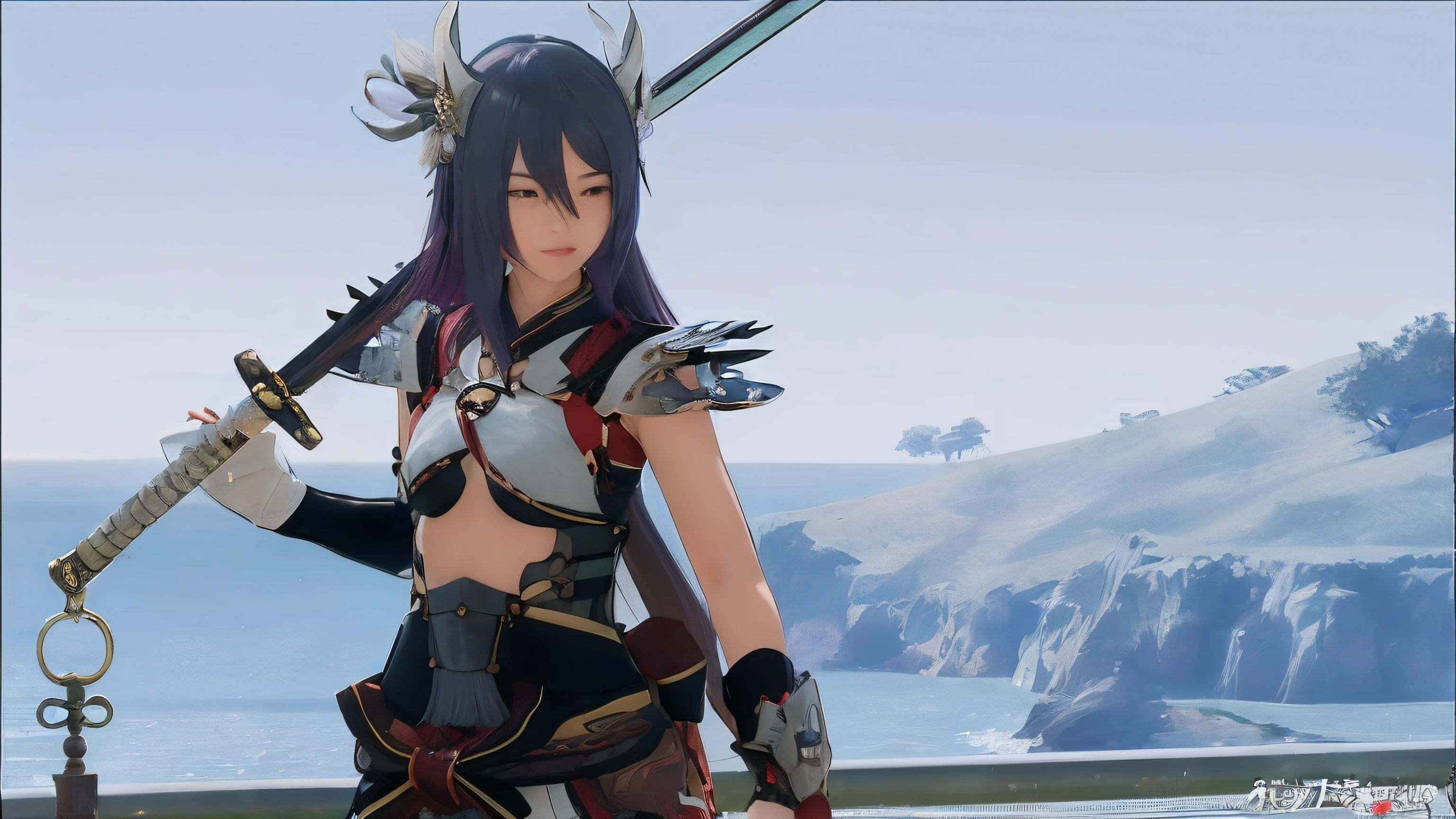 anime character with katana and armor standing on a bridge overlooking a body of water, katana zero video game character, keqing from genshin impact, zhongli from genshin impact, final fantasy 14 style, ayaka game genshin impact, ayaka genshin impact, azur lane style, katana zero, katana, jrpg character