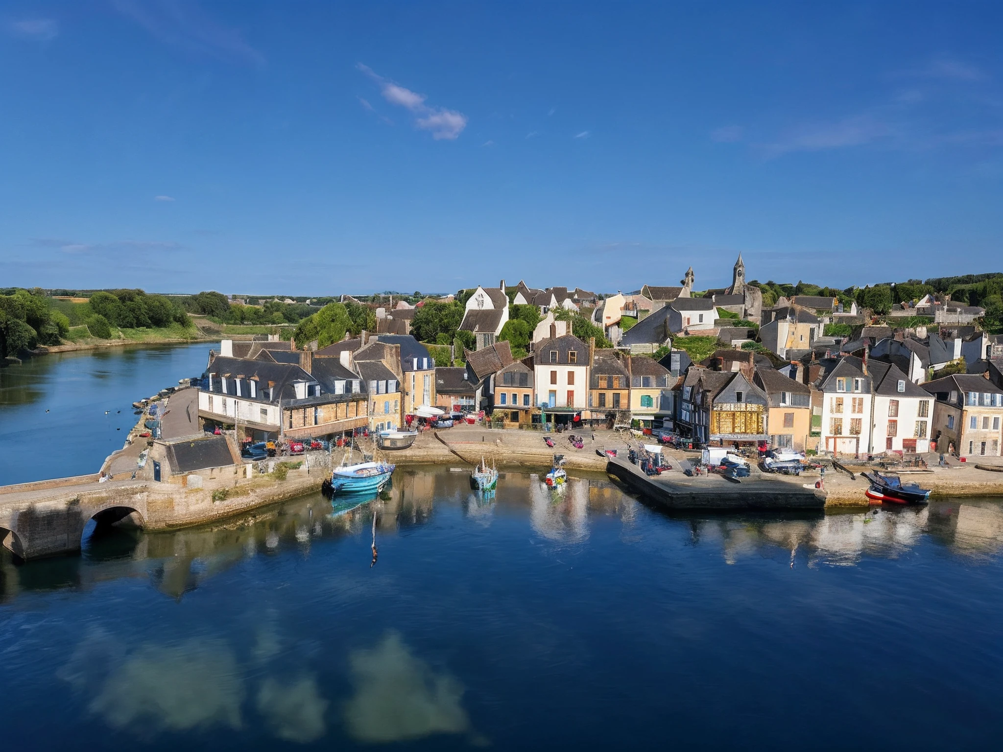 arafed view of a town with a river and a bridge, small port village, viewed from above, seen from above, by Tom Wänerstrand, notan, medieval coastal village, by Raphaël Collin, northern france, realistic photo of a town, shot from drone, shot from above, notan sun in the background, france