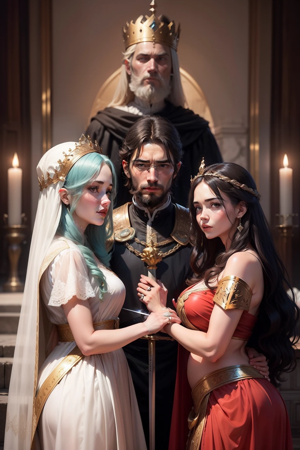 Make an image with 3 people, 1 REI homem , 2 mulheres conversando , onde 1 mulher carrega um bebe de colo, Remember the story of King Solomon, the KING is with a sword in his hand to cut the Baby