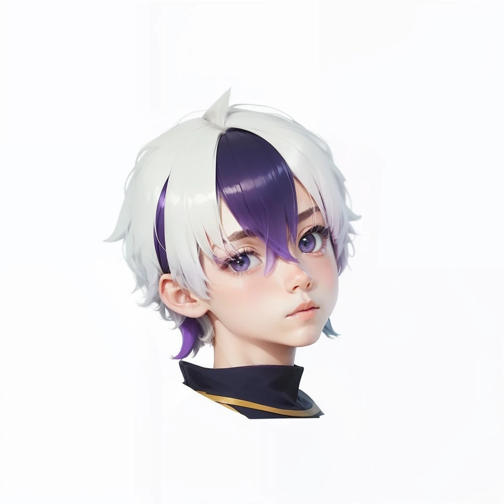 A boy, bloondy hair with purple hair, navy tsirt