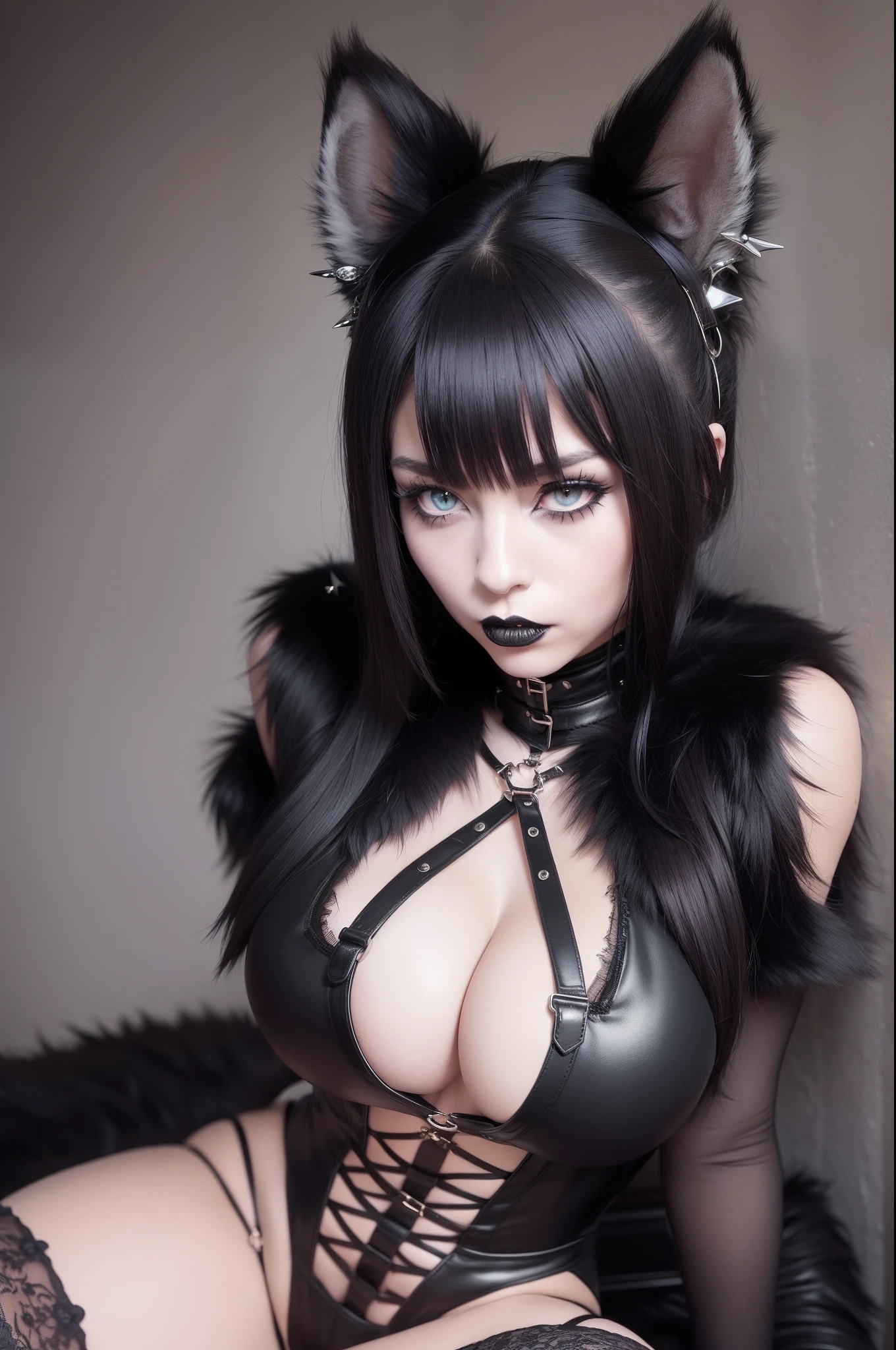 (Furry goth girl) with a seductive gaze, showcasing intricate fur patterns on her face and captivating eyes, smooth legs, high heels. She confidently wears a spiked collar and embraces her dominatrix persona in a revealing cosplay outfit, exposed cleavage exposed navel. Ear piercings complement her overall daring look.