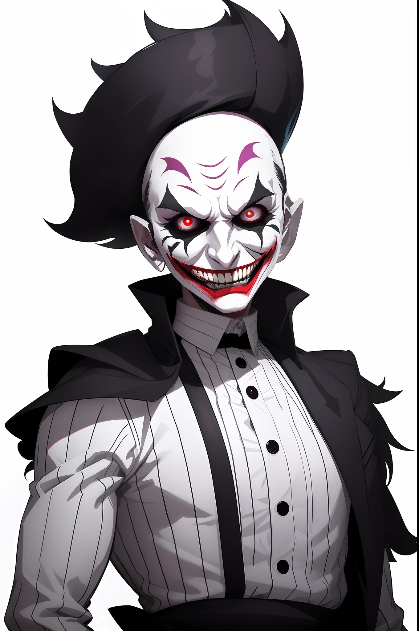 a close up of a person wearing a clown mask and a suit, portrait of a joker, joker smile, evil villain grin, evil grin, portrait of joker, grotesque joker, grinning sinisterly, portrait killer clown, cutecore clowncore, evil killer smile, digital art from danganronpa, evil smile and glowing eyes (new face:1.5)