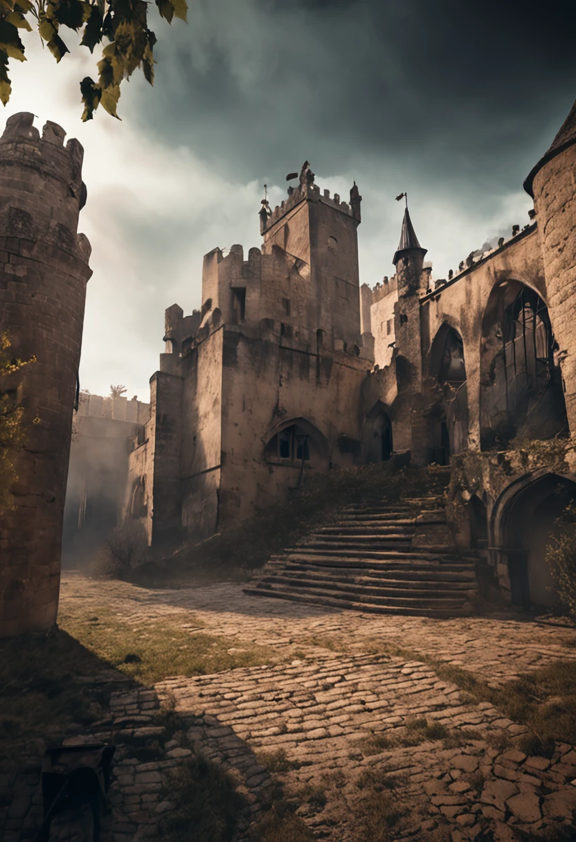 Campo de guerra medieval, visto de cima, Epic battles, soldados lutando com espadas e escudos, bandeiras tremulando ao vento, gothic architecture, castelos imponentes, smoke and fire, clouded skies, momentos intensos, detalhes minuciosos, atmosfera sombria.