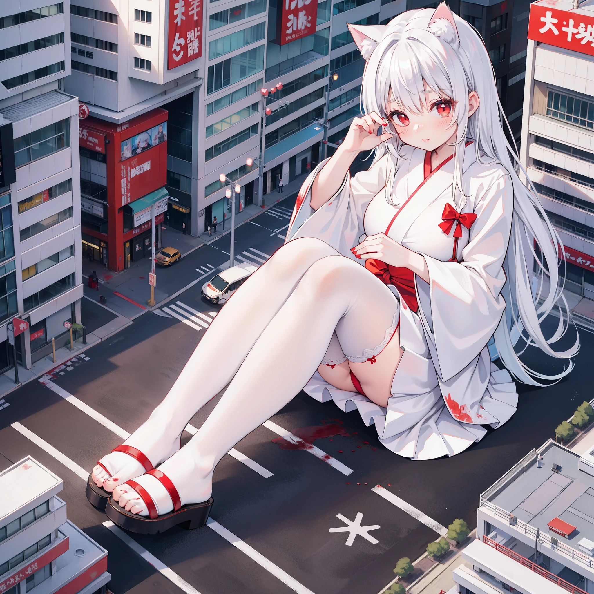 A cute Japanese anime style giant giantess，Has white hair, red eyes and cat ears，Sitting on the streets of Akihabara, Japan，Curled up on the city，White stockings stained red with blood。