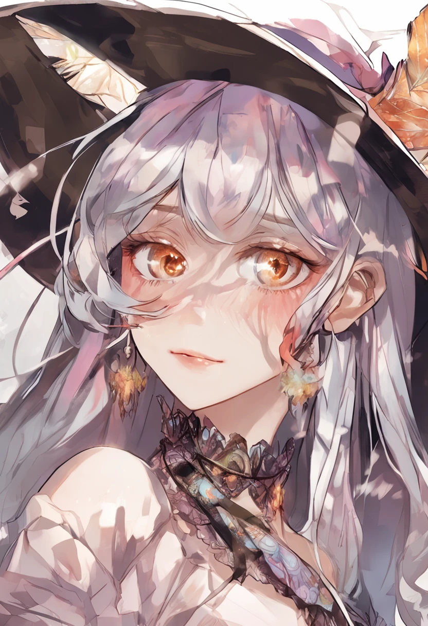 Beautiful girl story wrapped in love, Beautiful eye details, A captivating anime girl gracefully emerges from the pages of a watercolor painting, Western illustration，Halloween Witch，sorcerer，Witch Cosplay，witch's hat，Western elements，Her vivid and complex colors are, Bring your artwork to life, (see-through transparent clothes, Transparent costume:1.5), She dons an extraordinary fantasy costume adorned with delicate details, reflecting the enchanting world she inhabits, Luminescent elements, like glowing crystals and ethereal wisps, surround her, casting a soft, otherworldly glow,  The style of watercolor painting is、Imbues the image with a sense of fluidity and delicacy, as if the colors are effortlessly blending and bleeding into one another, Camera shot: medium shot, Soft Focus, luminescent glow　Lighting, watercolor brushstrokes, Sophisticated and very delicate anime illustration, unique colors, Portrait of an anime girl, infinite love, Irridescent color,  beautiful girl illuminated by seven colors of light,