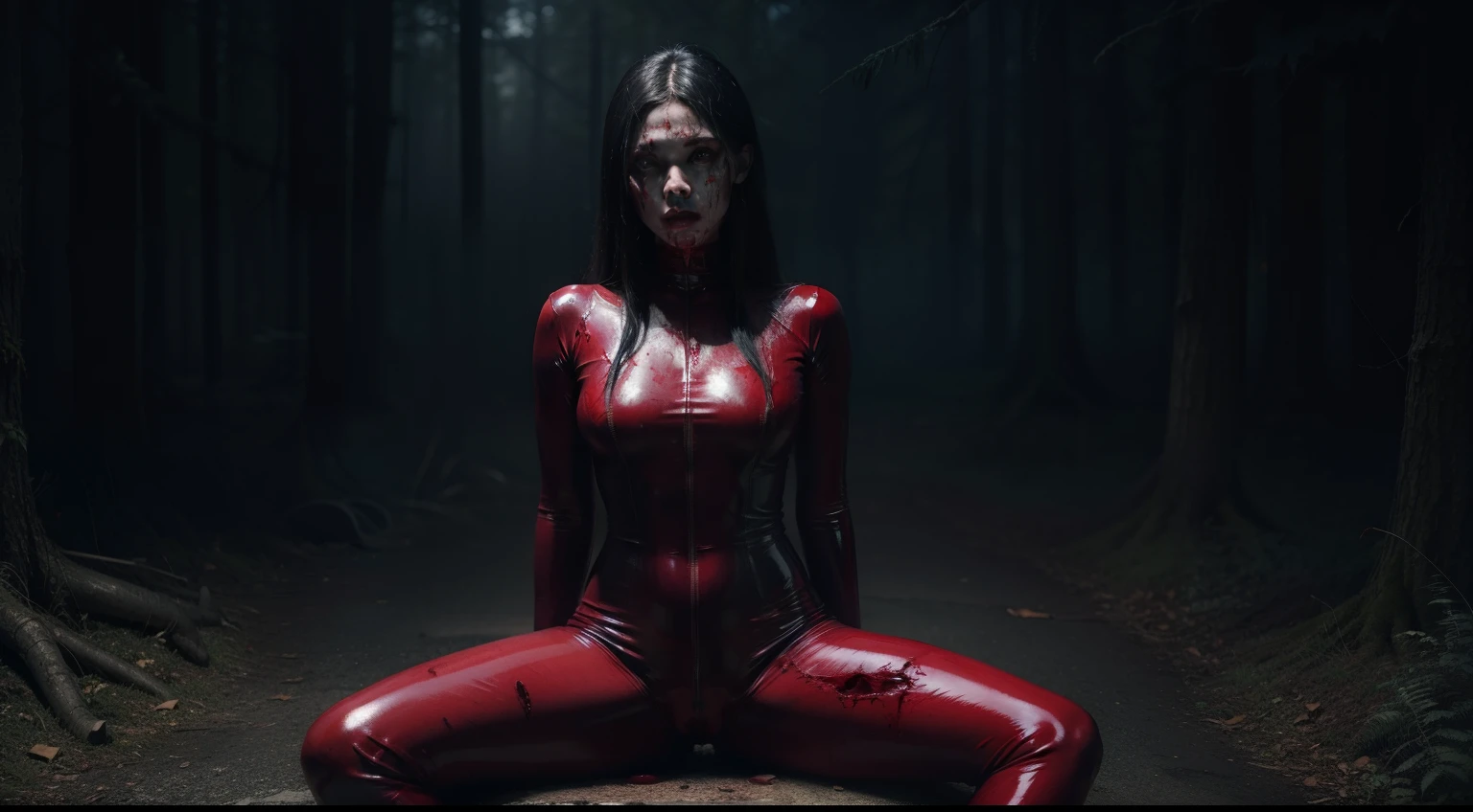 Demon woman wearing a latex bodysuit sitting spread legs, blood dripping, blood everywhere, horror vibes, dark ambient, ultra detailed, photorealistic, masterpiece, trending on Artstation.